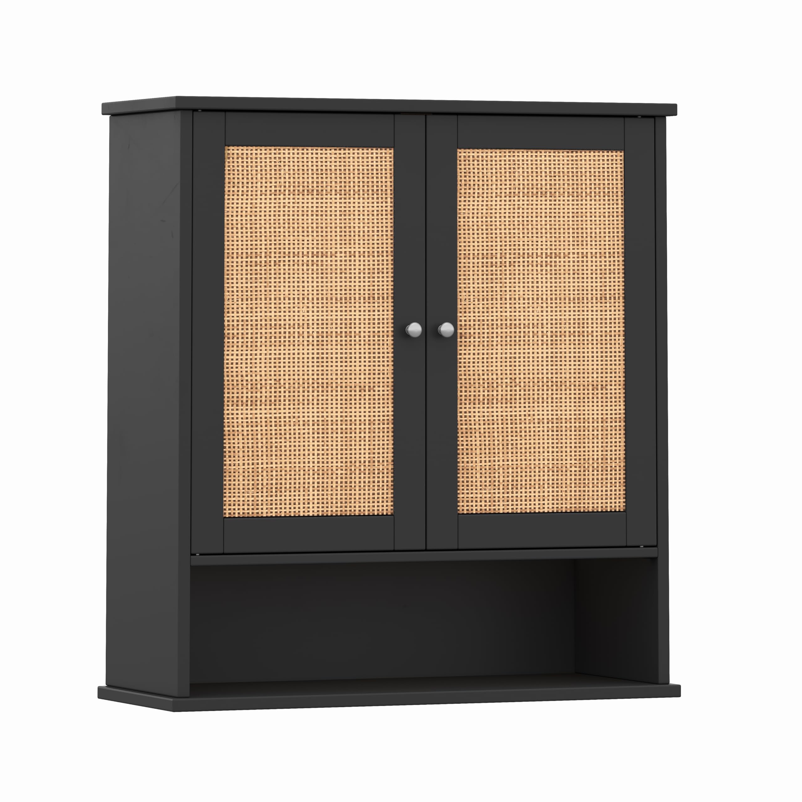 Reettic Rattan Two Door Wall Cabinet, Wooden Medicine Cabinet, Wall Mounted Bathroom Storage Cabinet with Inner Adjustable Shelf, for Bathroom, Kitchen, Entryway, Black and Natural BMGZ103BM