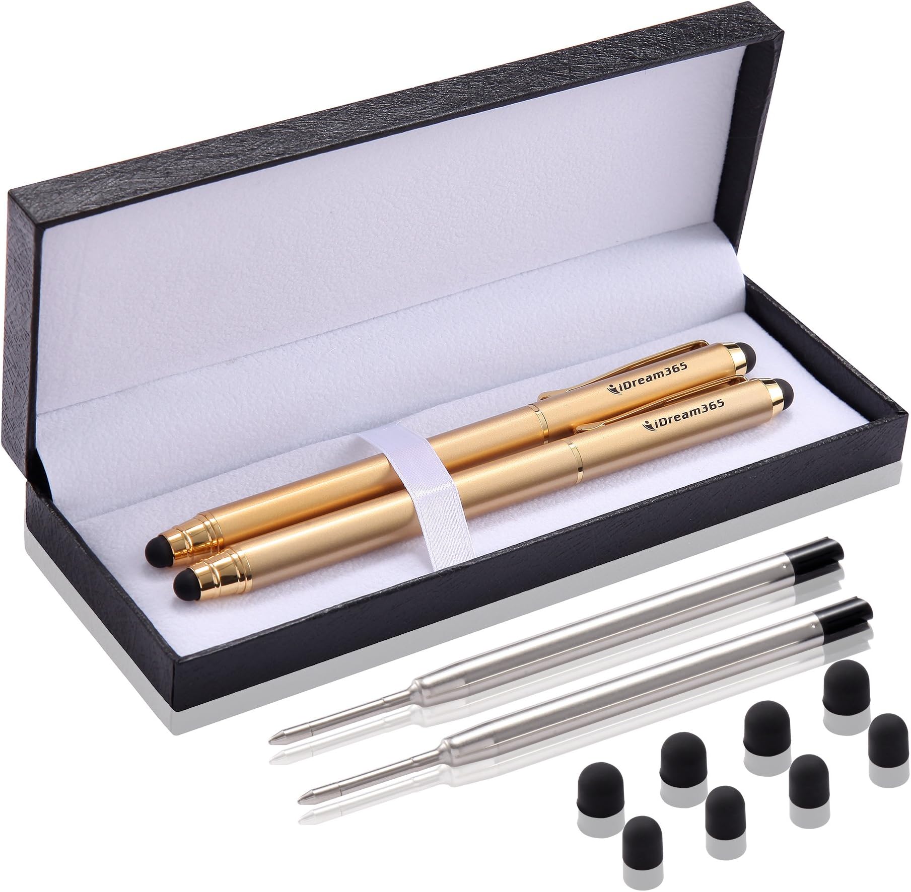 Stylus,iDream365(TM) 2pcs 3-in-1 Stylus Pen(5.7" Length,Stainstainless Steel) for All Capacitive Touch Screen Smartphones,Tablets PC(Extra 2 Refills+8 Rubber Tips) with Gift Box-Gold