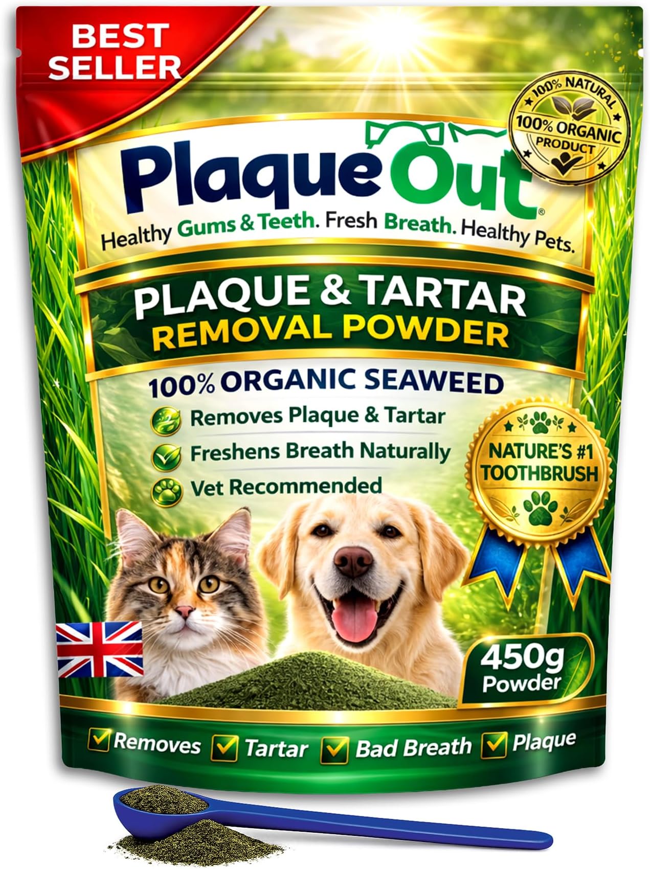 Plaque Out 450g Pouch - Plaque Off Remover - 100% Natural and Organic Seaweed Powder for Dogs & Cats - Dog Teeth Cleaning, Plaque Removal, Pet Dental Care, Bad Breath, Gum Care and Tartar Control