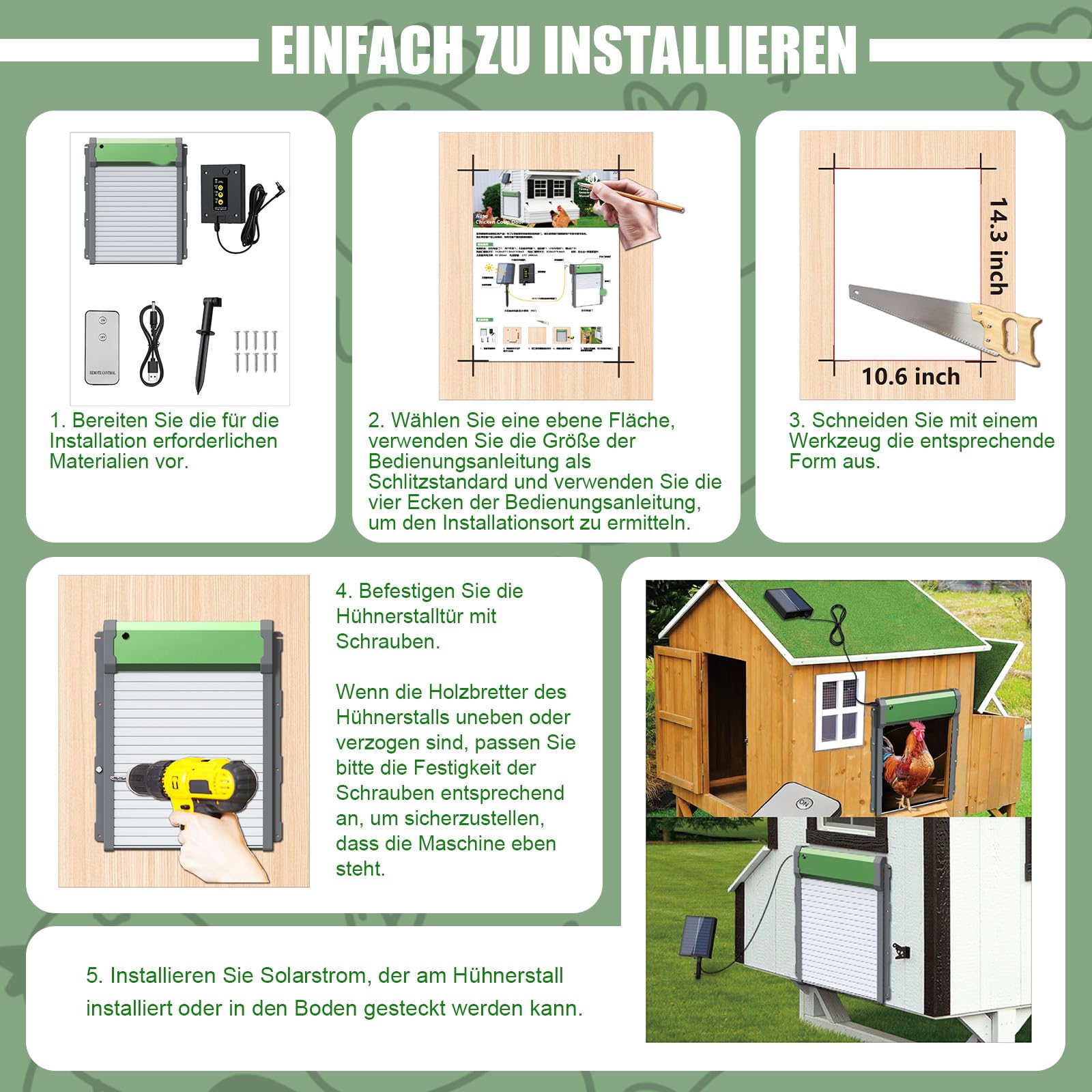 MaxAwe Automatische Hühnerklappe Solar, Aluminum Hühnerstalltür Automatisch, Lichtsensor, Timer, Intelligenter Einklemmschutz Elektrische Hühnerklappe, Hühnertür mit Fernbedienung