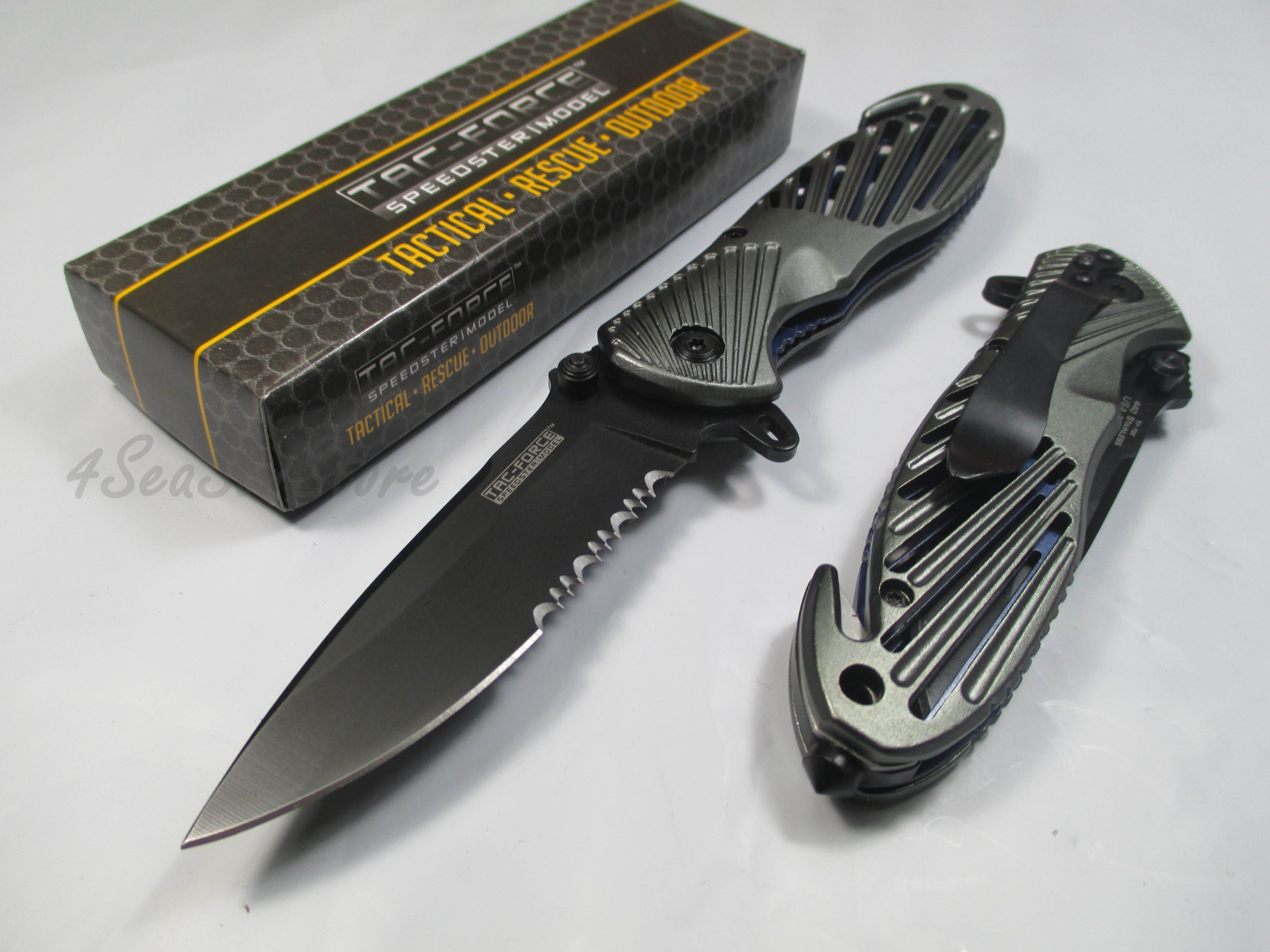TAC Force Assisted Opening Sawback Bowie Rescue High Carbon Half Serrated Silver Stainless Steel Blade Knife - Gray