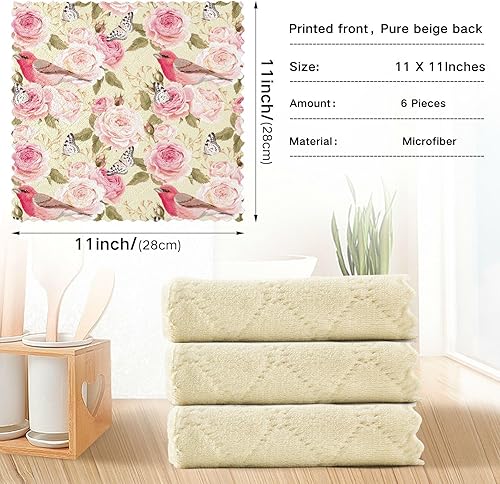 Miniatura 4 de Roses Birds 6 Pack Fast Drying Kitchen Towels Microfiber Decorative Soft Microfiber Towel Reusable for Bathroom Sink