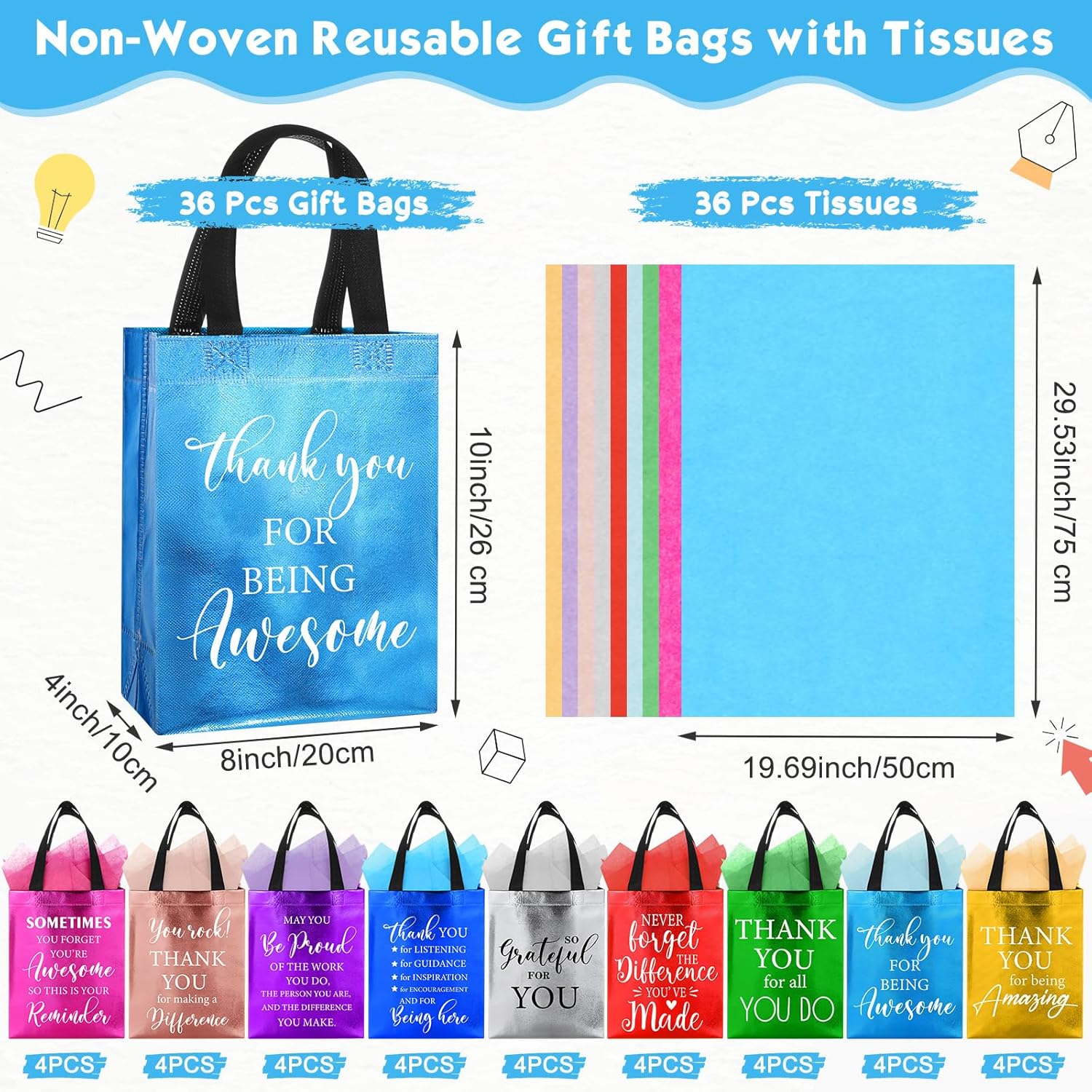 Kacctyen 36 Pcs Employee Appreciation Gift Bags Bulk Reusable Non-woven Gift Bags with Handles and Tissue for Employee Team Coworker Staff, 8 x 10 x 4 Inch