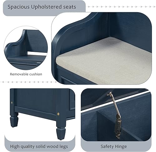 Miniatura 7 de Voohek Banco de almacenamiento de zapatos de madera maciza de 42 pulgadas con bisagra de seguridad para entrada, pasillo, dormitorio, vestíbulo de