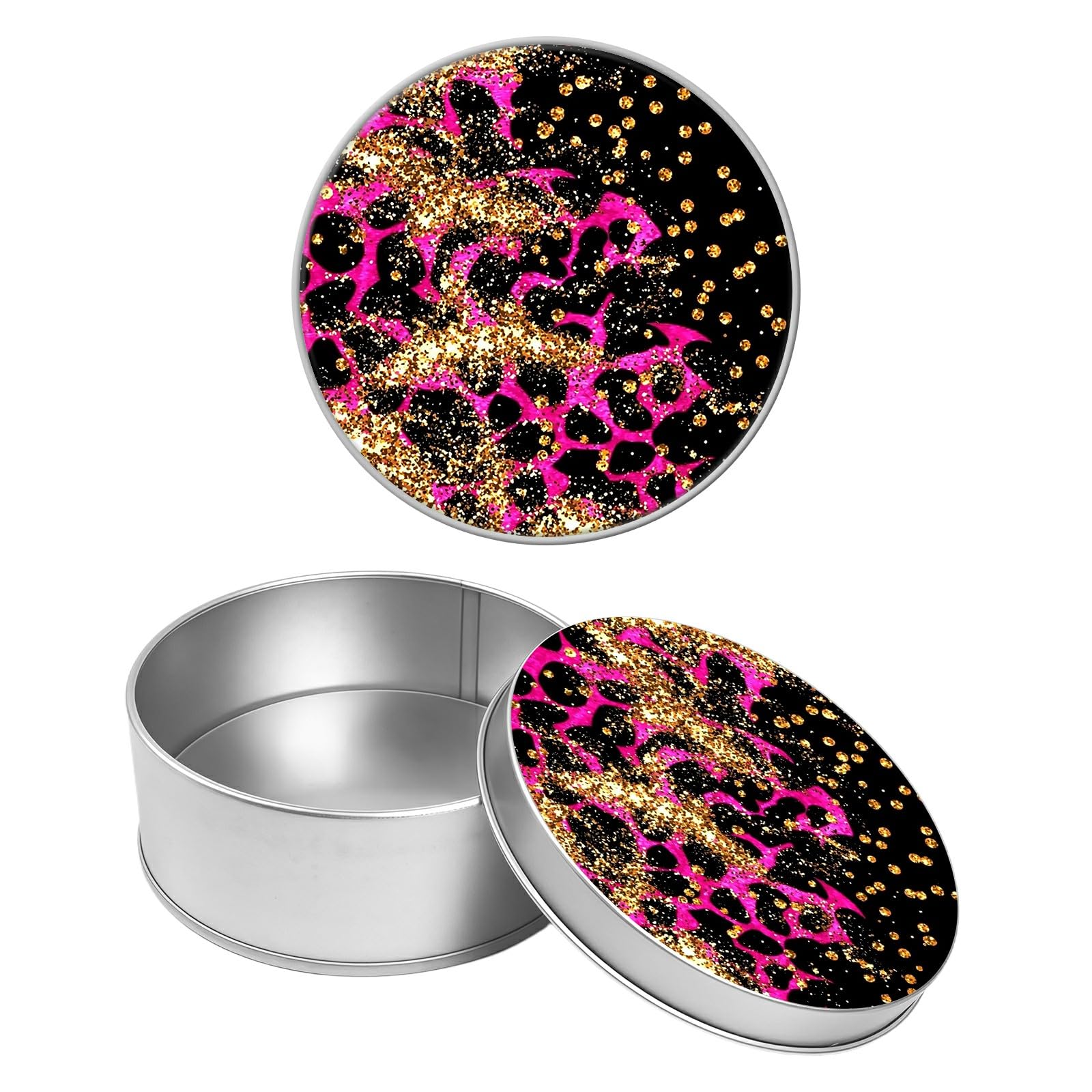 Round Metal Tin Container with Removable Lid, Golden Pink Leopard Durable Metal Storage Box for Crafts Snacks Candies Office Supplies Small Items 3.54 x 1.38 inch– Single Pack