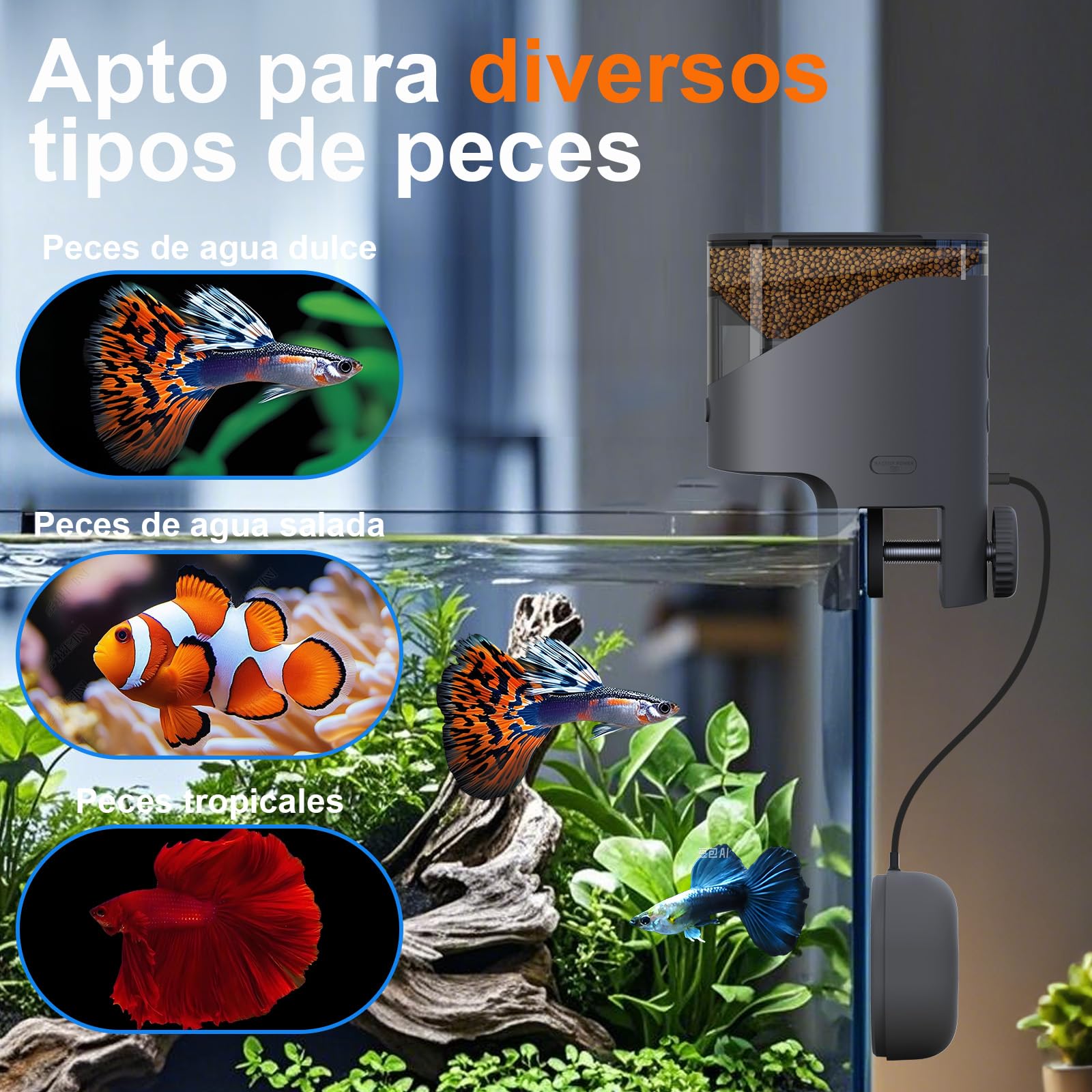 Comedero Peces WiFi, Cámara 2.5K HD, App 2.4/5G, Dosis Precisión 0,2g Anti-Atascos, Vacaciones, Depósito 200ML Anti-Humedad, Temporizador Control Remoto, Acuario Agua Dulce, Salada