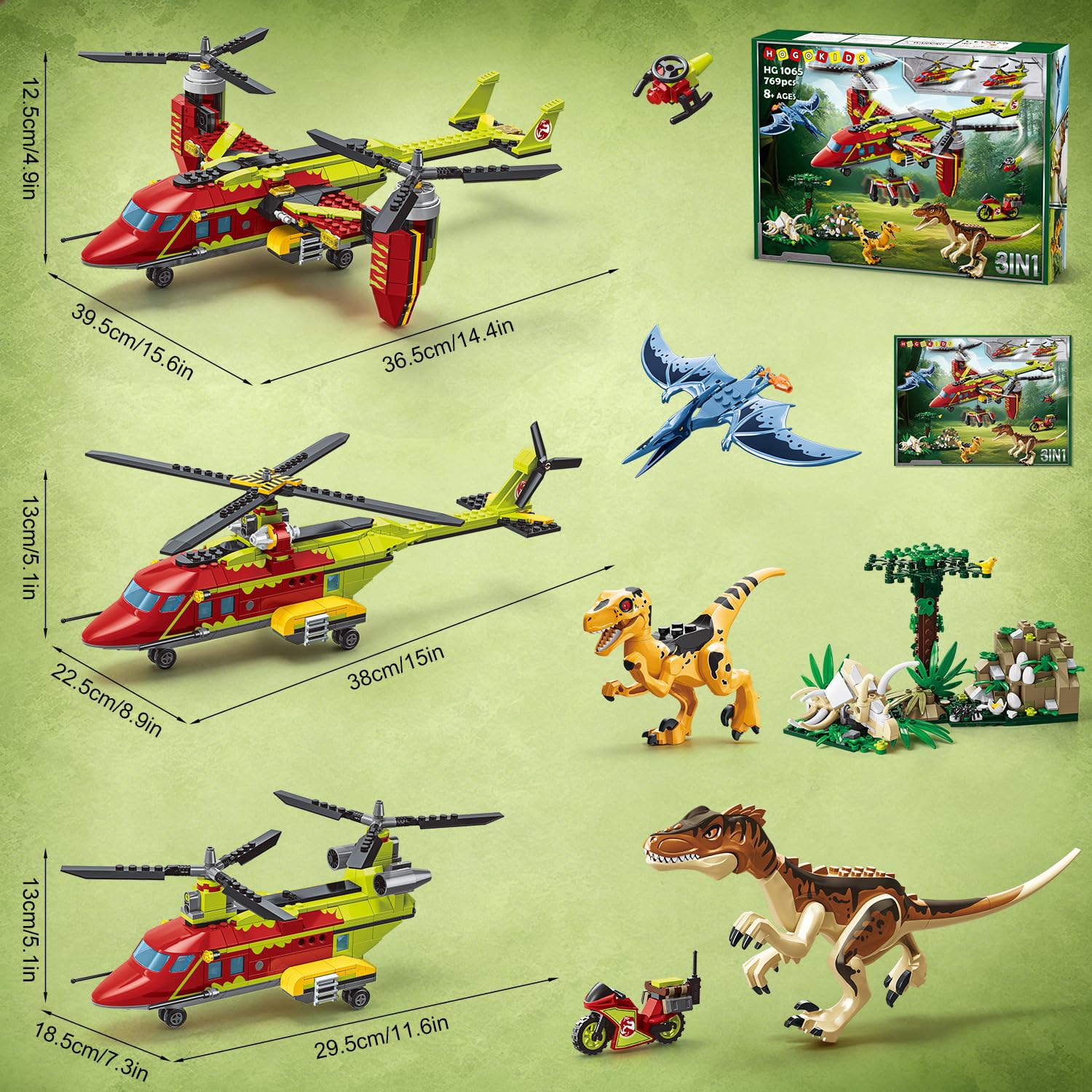 HOGOKIDS 3-in-1 Dinosaurier-Rettungsflugzeug-Bauset für Jungen ab 6 Jahren | Baue ein Kipprotorflugzeug, einen Transport- oder Doppelrotor-Hubschrauber mit Greifhaken – ein kreatives Geschenk ab 6