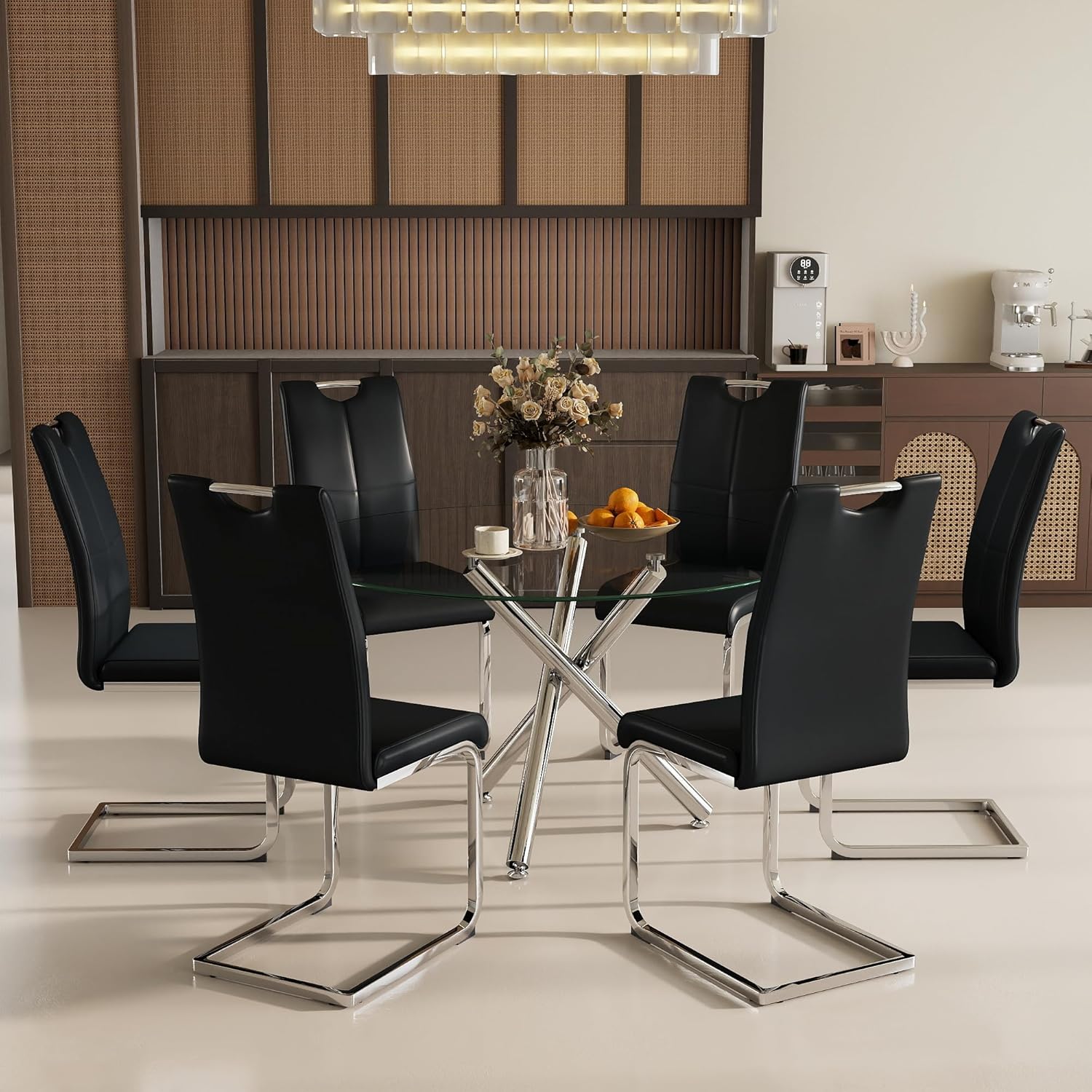 Modern Luxury Round Glass Dining Set for 6, 7 Pieces Clear