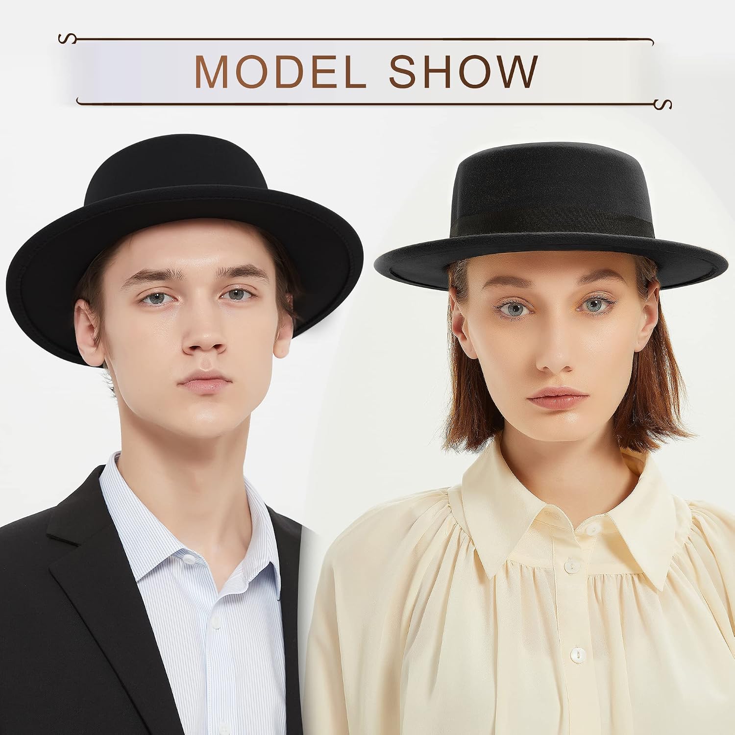 Classic Fedora Hat Flat Top Hat Felt Pork Pie Hat Wide Brim Church Derby Cap for Women and Men