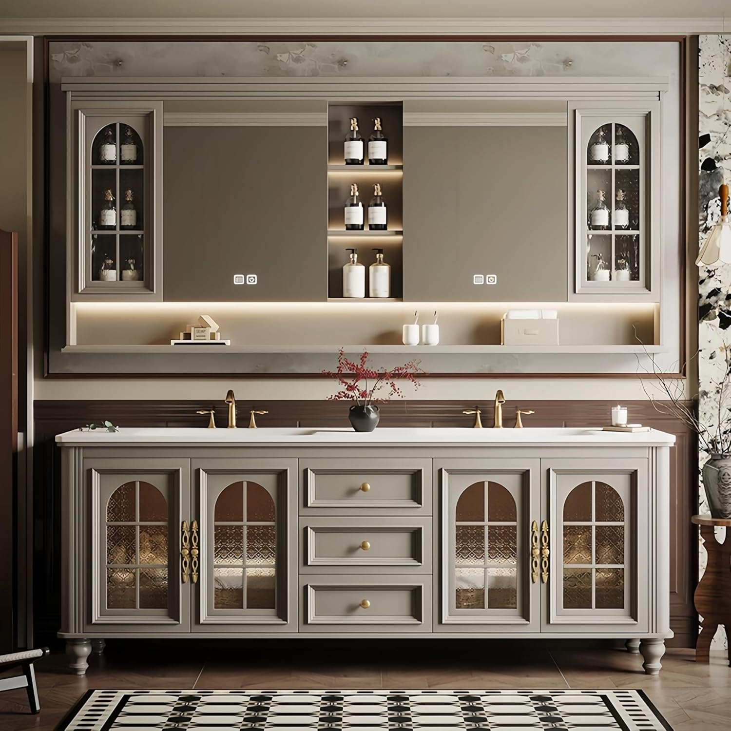 76 in Double Bathroom Vanity with Sink - Freestanding Bathroom Vanity Set | Medieval Design | Equipped with LED Smart Defogging Mirror Cabinet & Seamless Stone Sink | Solid Oak Wood