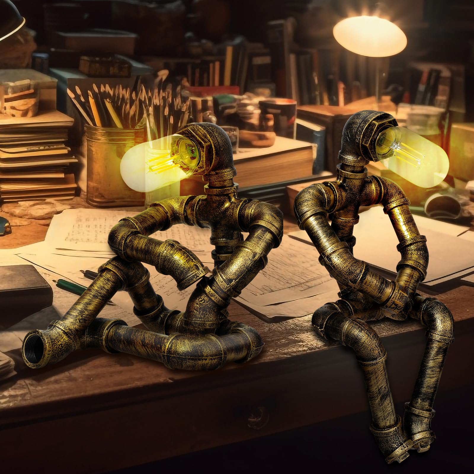VIHOSE 2 Pcs Steampunk Table Lamp with Bulbs Industrial Table Desk Light Decoration Pipe Robot Cool Retro Stuff Creative Christmas Gift for Men Office Home Restaurant Bedside