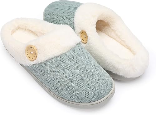 Chantomoo Pantuflas para mujer, cálidas, cómodas, de espuma viscoelástica, de punto, con forro de piel sintética, suela de goma antideslizante,