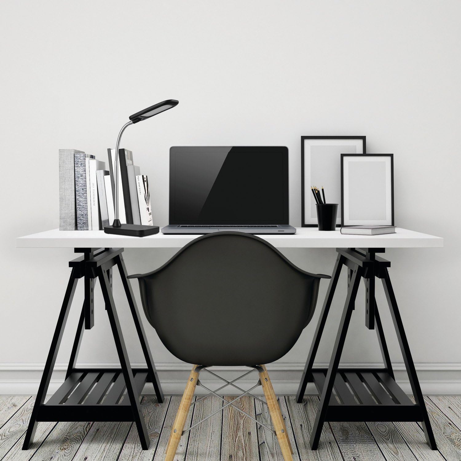 GLOBE LED Integrated Desk Lamp, Black, Chrome Gooseneck