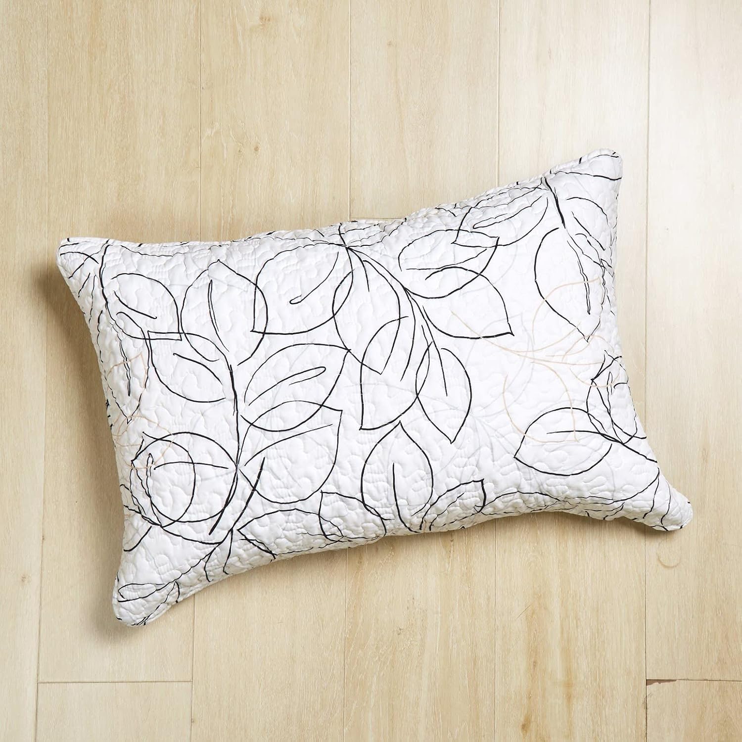 Tache Modern Abstract Floral Leaf Minimalist Line Art White Black Grey Gold Quilted Pillow Shams, 20x30 Queen, 1 Piece