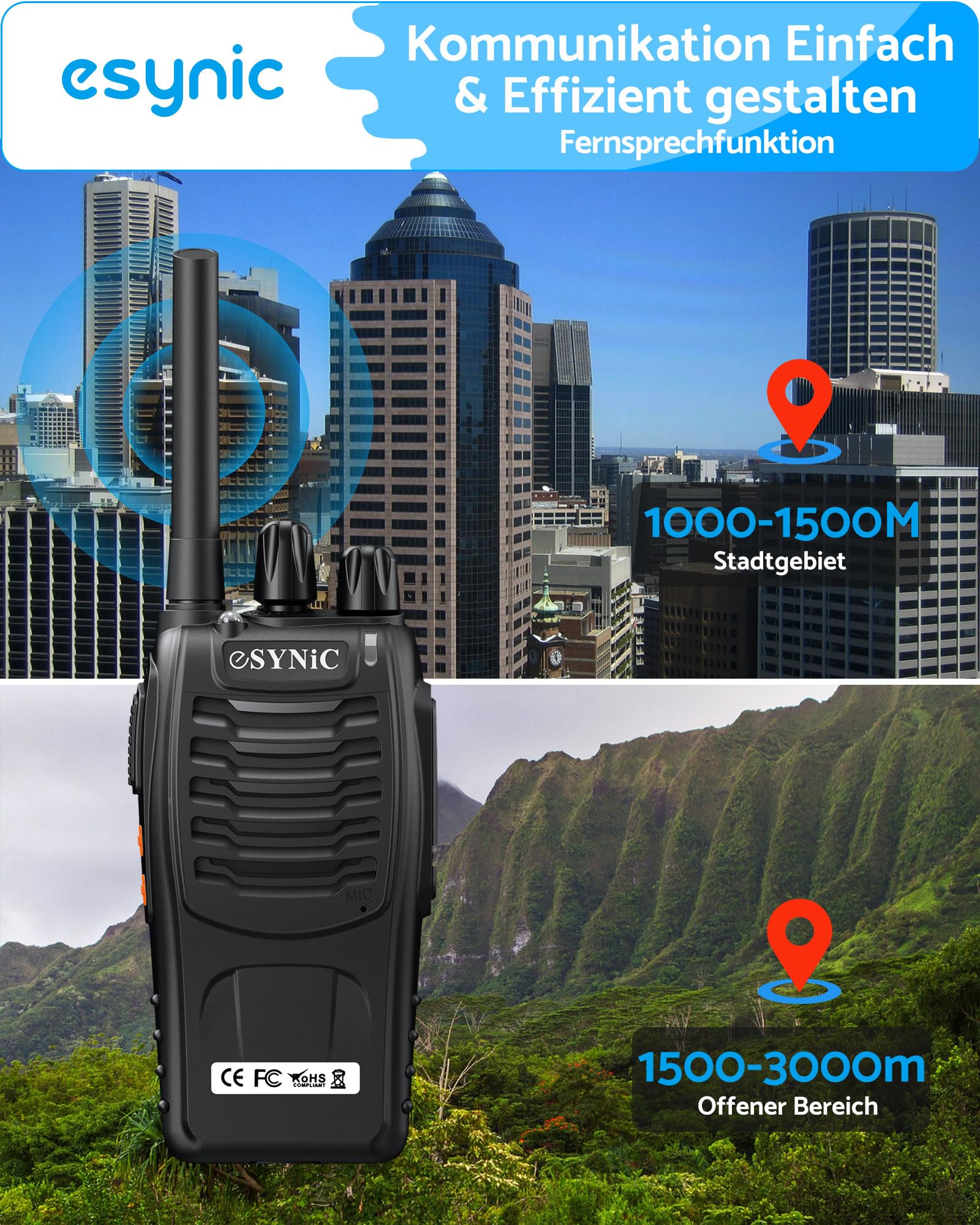eSynic Wiederaufladbare Walkie Talkies – 8er Set PMR446 Lizenzfreie 2-Wege Radio mit 16 Kanälen, LED Taschenlampe, VOX Freisprechfunktion, Handgerät für Outdoor, Schule, Zuhause, Road Trip, Camping