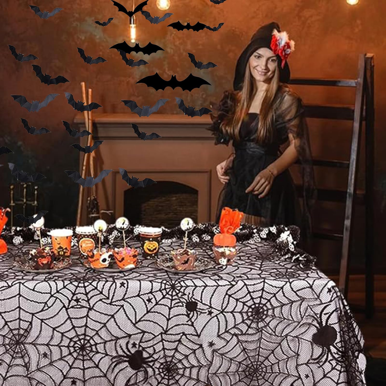 137*183cm Halloween Party Tablecloth Decoration with Bats Wall Sticker DIY 3D Decorative Bats 16 Pieces,Halloween Spider Web Table cloth for Halloween Decor Outdoor Yard Party House Props Decor - Image 3