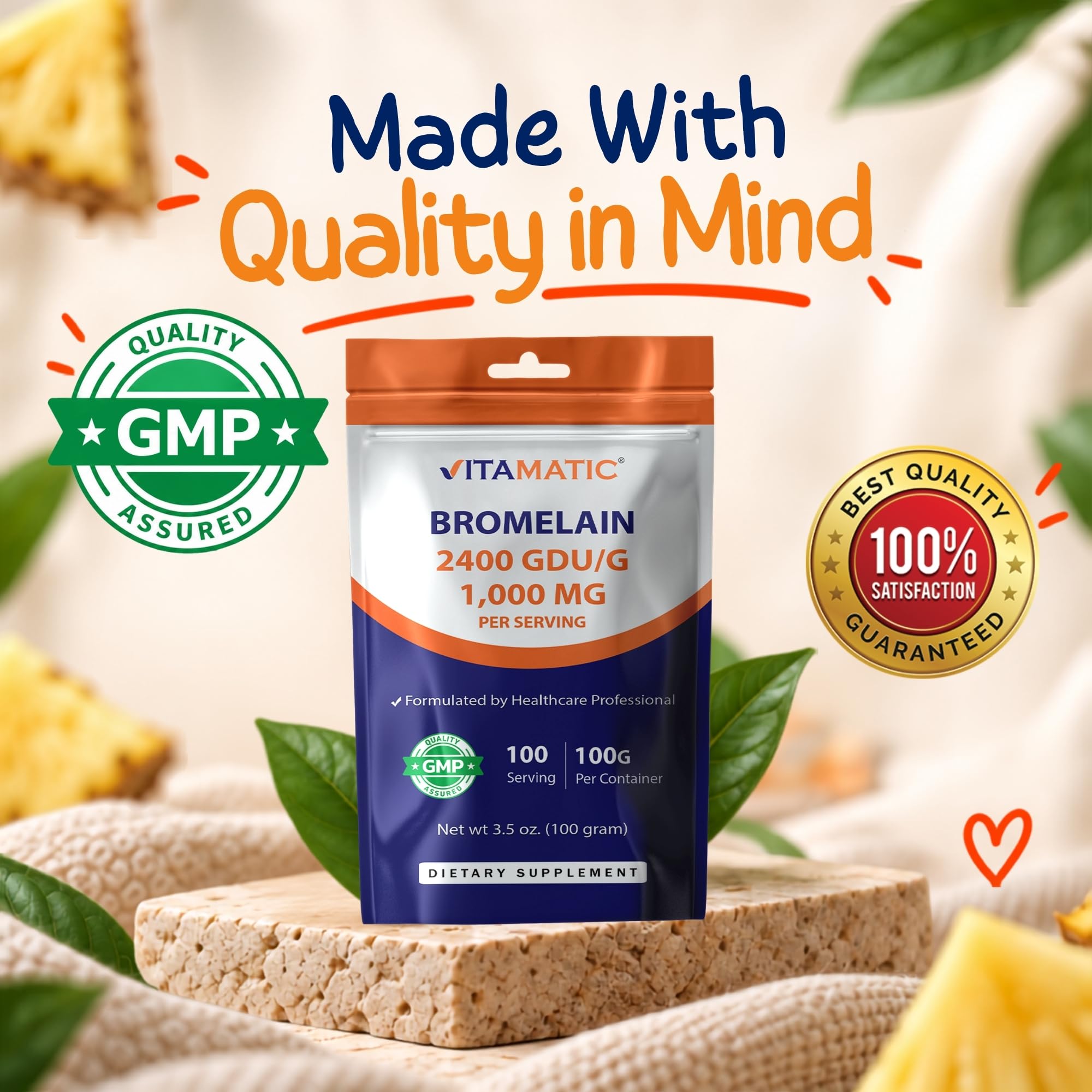 Vitamatic Bromelain Powder 1000mg per Serving - 2400 GDU/g, Proteolytic Enzymes, Supports Digestion of Proteins, 100 Grams - 100 Servings (Scoop Included) — Amazon image 8