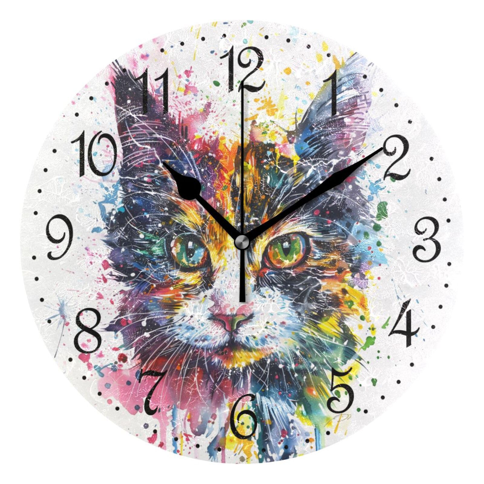 Horloge murale chat aquarelle silencieuse Mnsruu de 25 cm pour decoration de maison a piles