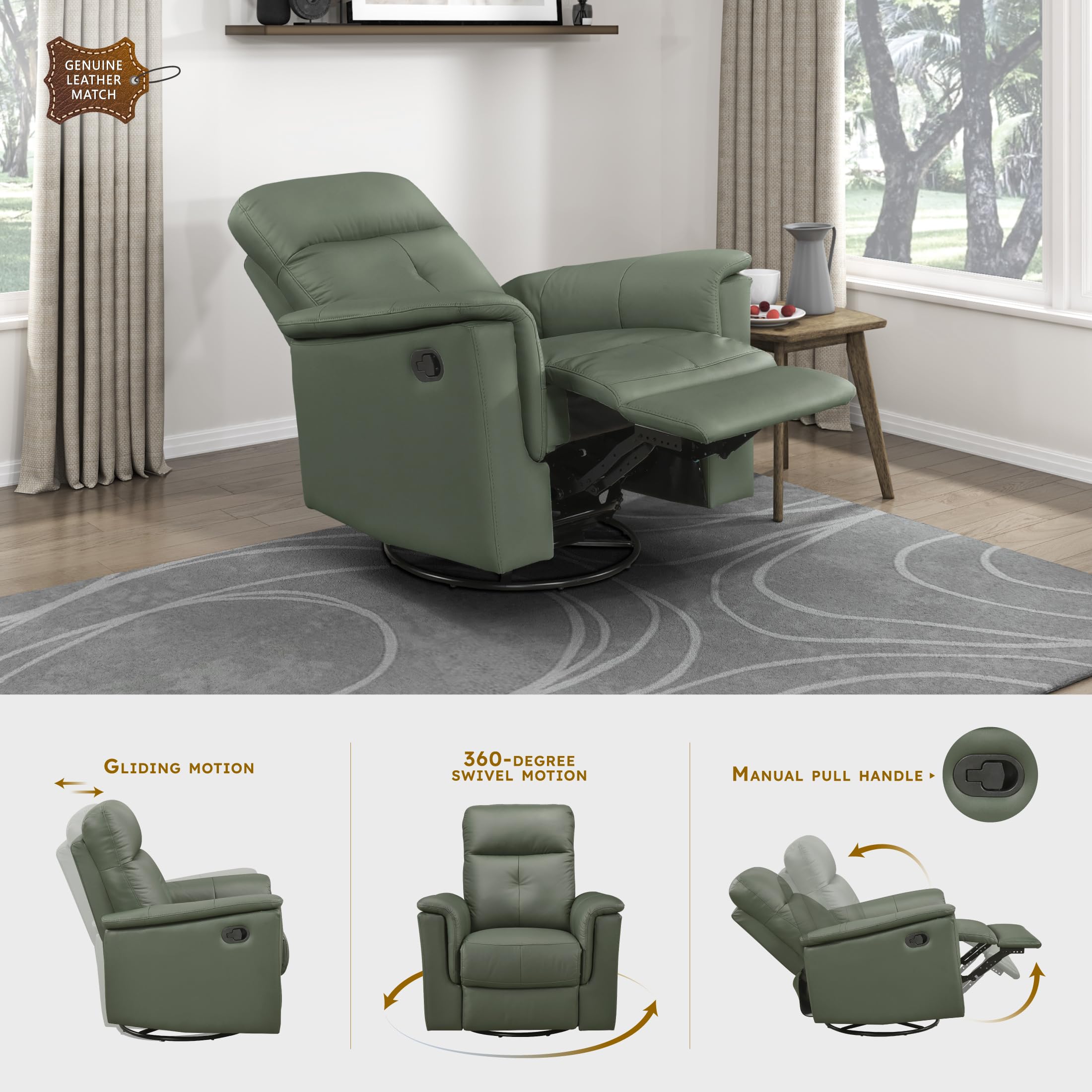 Lexicon Swivel Glider Recliner Chair, Comfy Nursery Glider, Top Grain Leather Match Recliner, Manual Reclining Chair for Living Room/Office/Apartment, Green