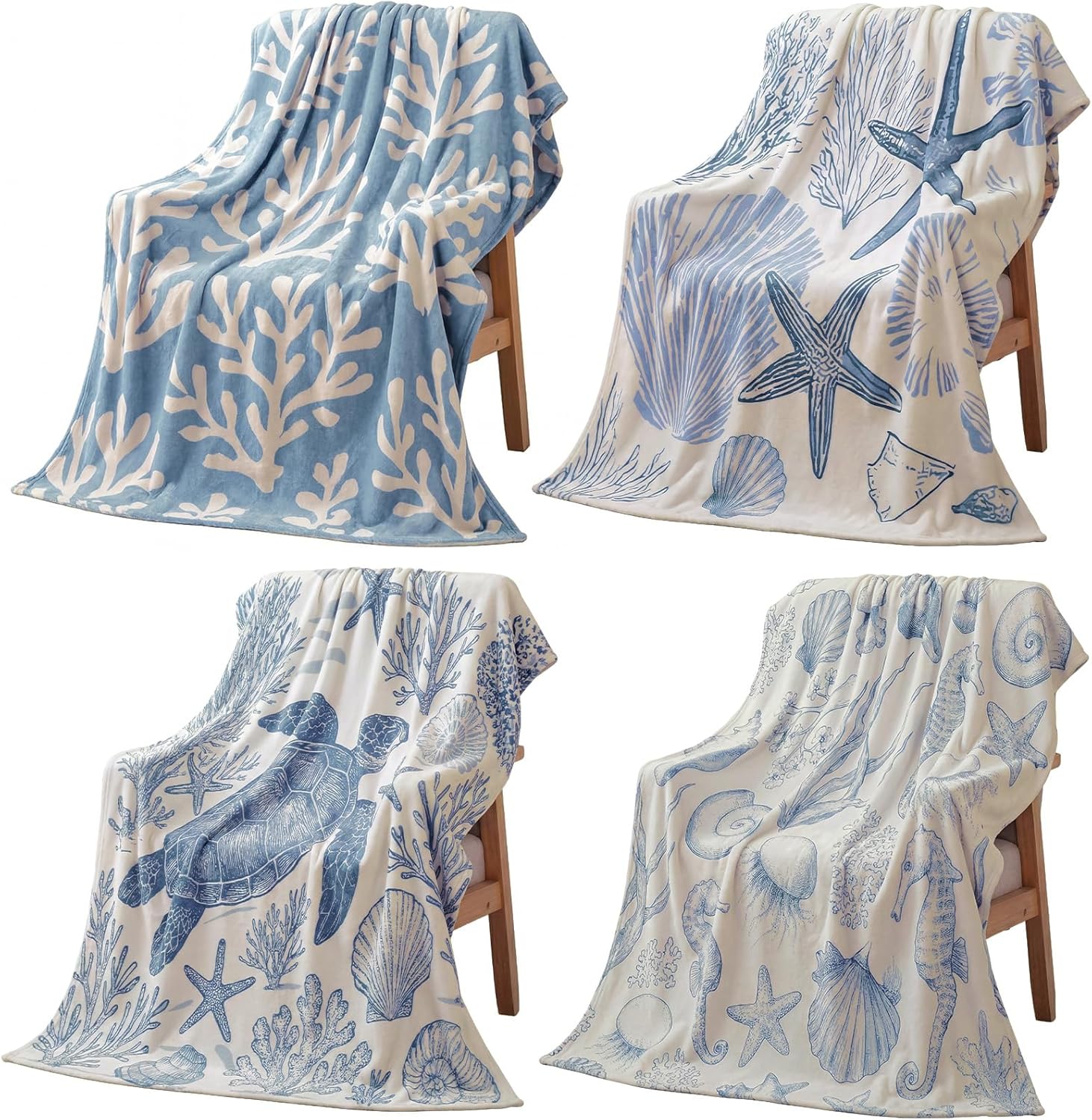 Frienda 4 Pcs Nautical Coastal Throw Blanket Beach Soft Lightweight Fleece Ocean Themed Starfish Seashell Coral Sea Turtle Seahorse Pattern Cozy Flannel Blanket Gift Sofa Couch Bed Room Decor 50x60