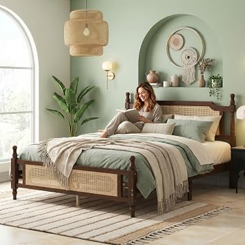 Queen Bed Frame with Rattan Headboard and Footboard, Rubber Wood Platform Bed Frame with Large Under Bed Storage,Boho and Mid Century Style, No Box Spring Needed, Easy Assembly,Walnut
