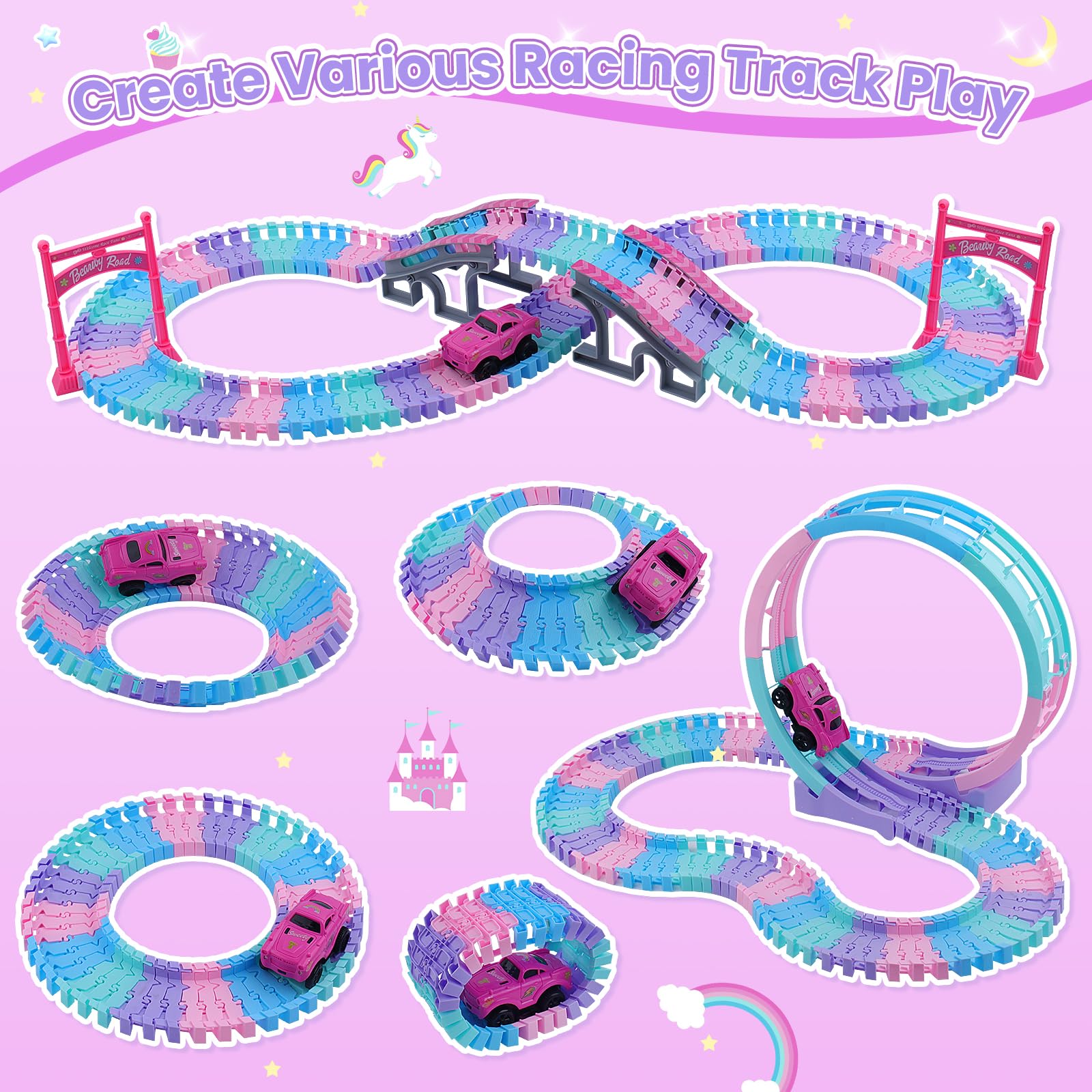 Juego de Carrera mágica para niños, 144 Piezas Flexible-Mejor Regalo de cumpleaños para 3 4 5 6 7 8 años niñas Chicos, con Escalera de 360 bucles, Auto Iluminado