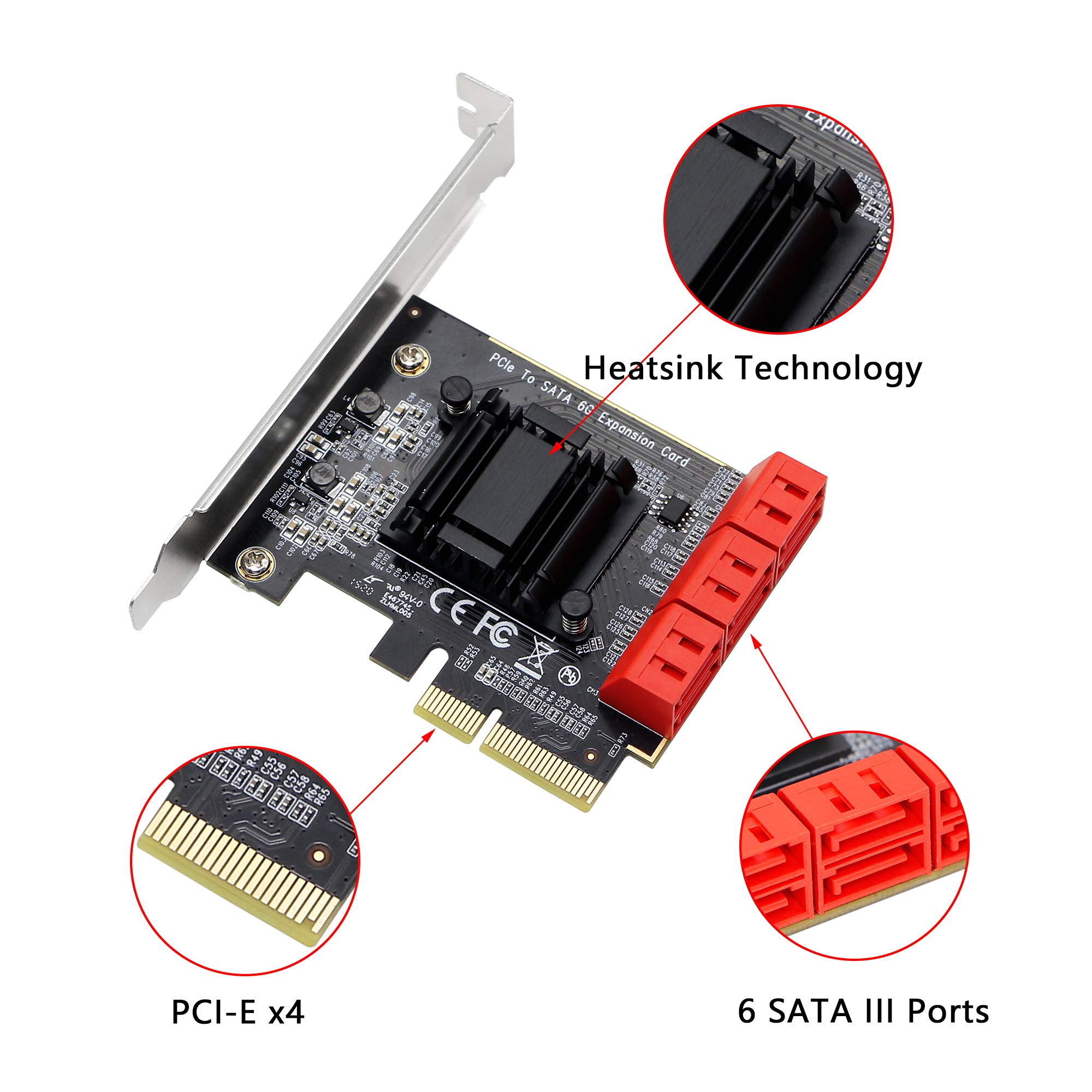 CERRXIAN Tarjeta adaptadora PCIE X4 a 6 SATA 3.0, para arranque de disco del sistema, compatible con modos RAID1, AHCI, SPAN, RAIDO4 (contiene 6 cables SATA)