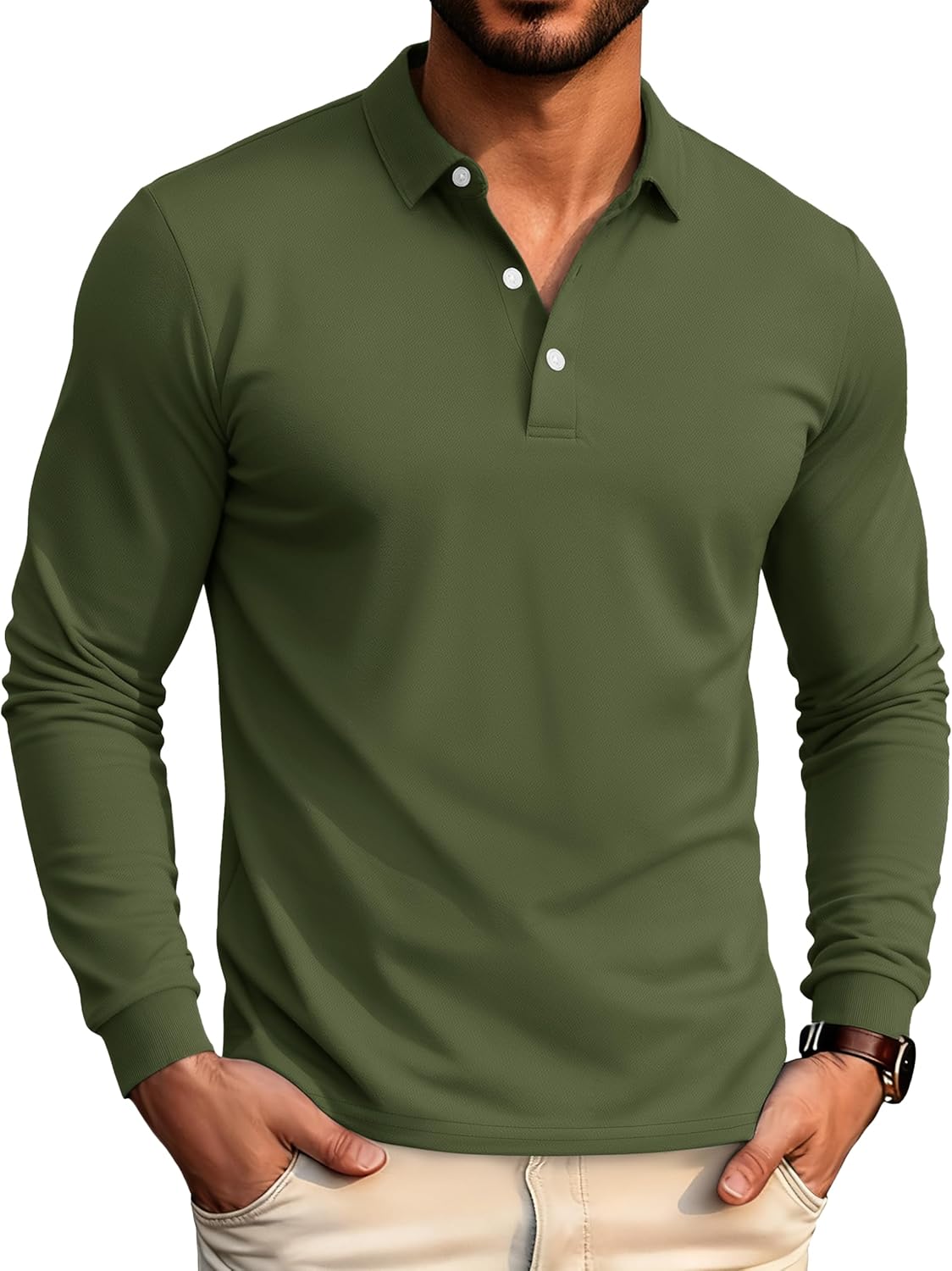 MAGCOMSEN Men's Polo Shirt Long Sleeve Golf Shirts Quick Dry Lightweight 3-Button Performance Work Fishing Athletic