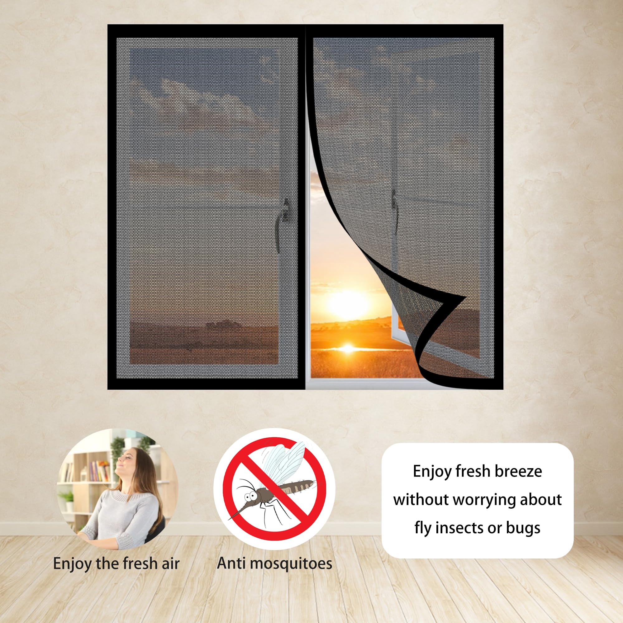 Fliegengitter Fenster Magnete 215 x 200 cm Insektenschutz Fliegenschutz Fenster Mückengitter Ohne Bohren Auto Schließen Faltbar für Terrasse Schlafzimmer Usw., Schwarz