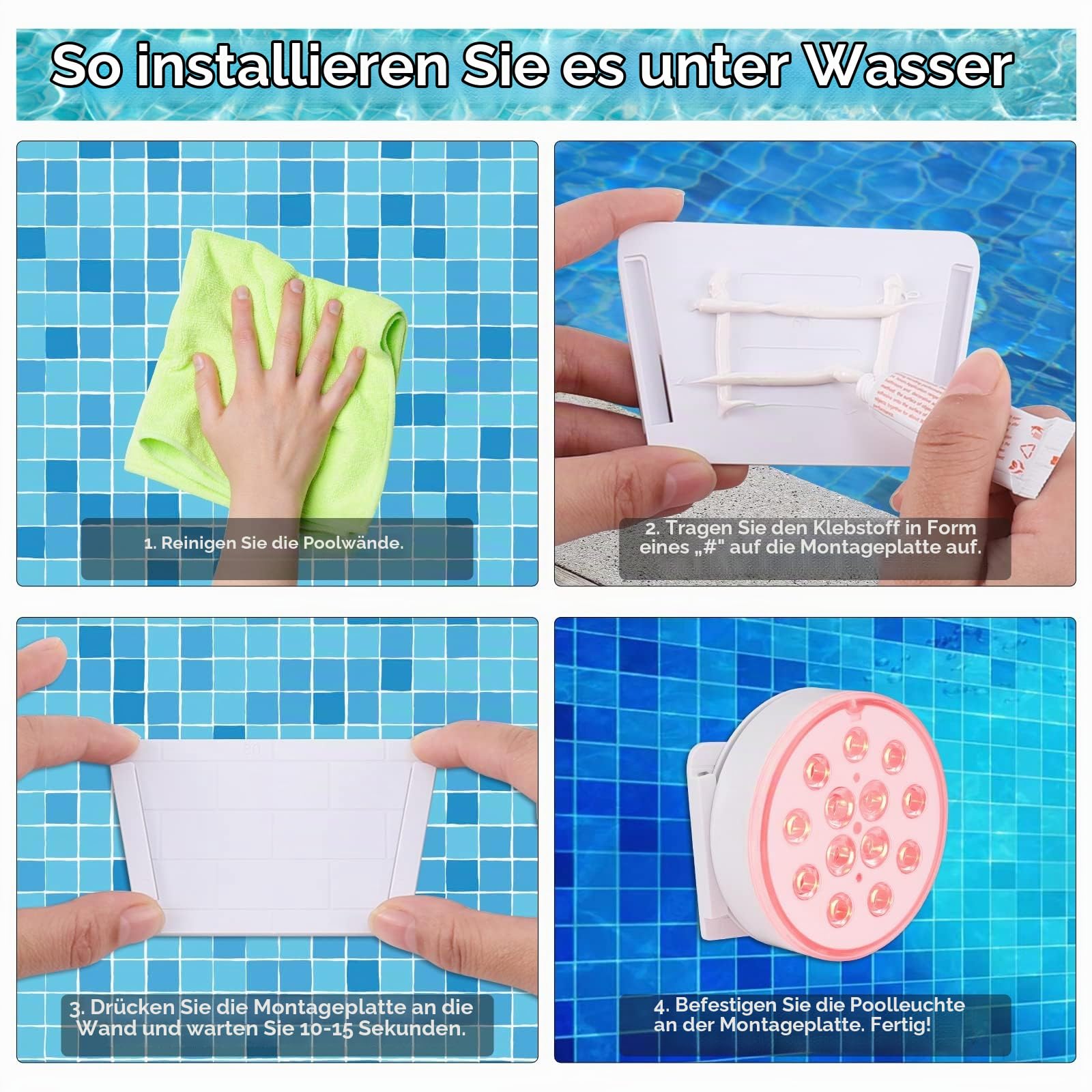 ZWOOS Poolbeleuchtung Wiederaufladbar Unterwasser Licht mit Fernbedienung Pool lichter Multi Farbwechsel Teichbeleuchtung Unterwasse Licht Wasserdichte RGB Poolbeleuchtung (4 Stück)