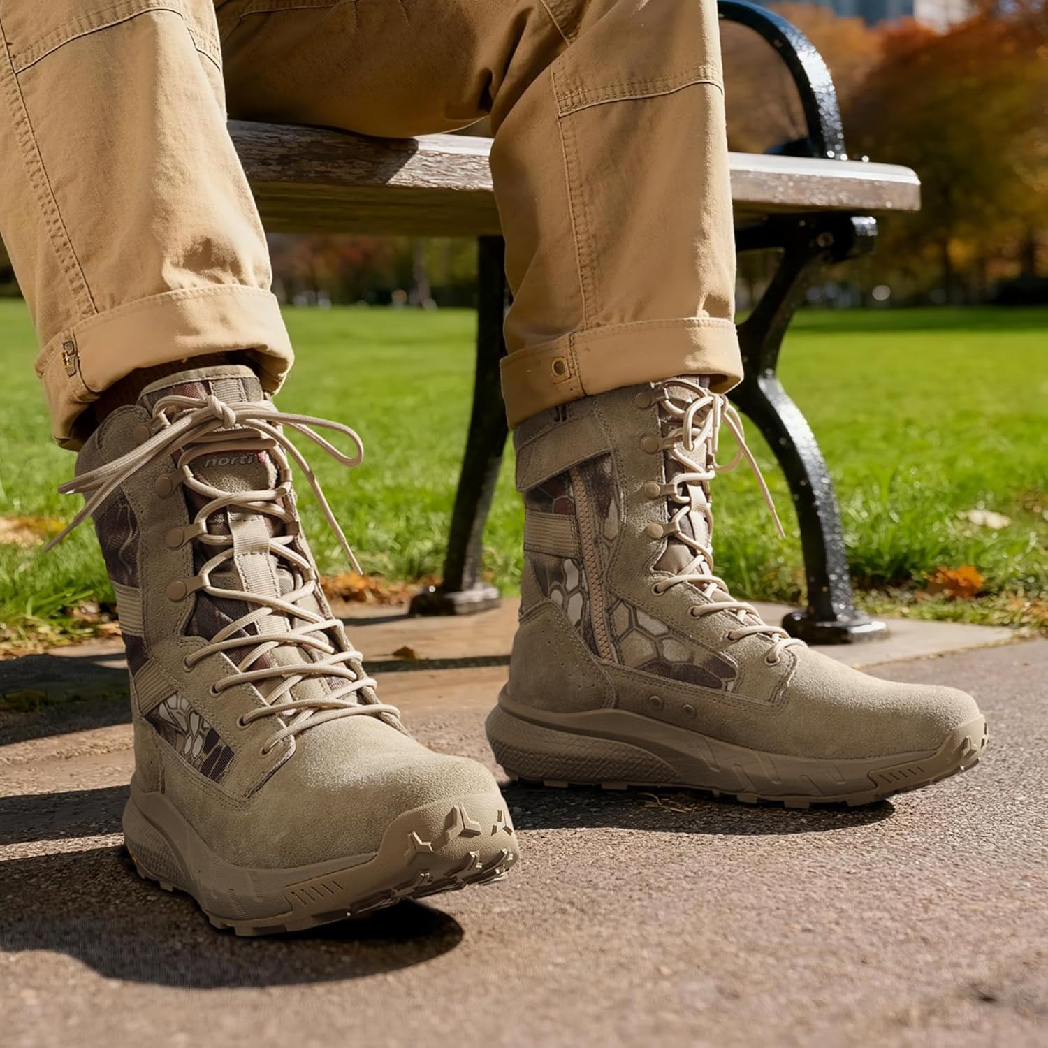 NORTIV 8 Men's Breathable Tactical Military Work Boots Side Zipper Leather Lightweight Hiking Motorcycle Combat Boots 8 Inches Peakforce - Image 2