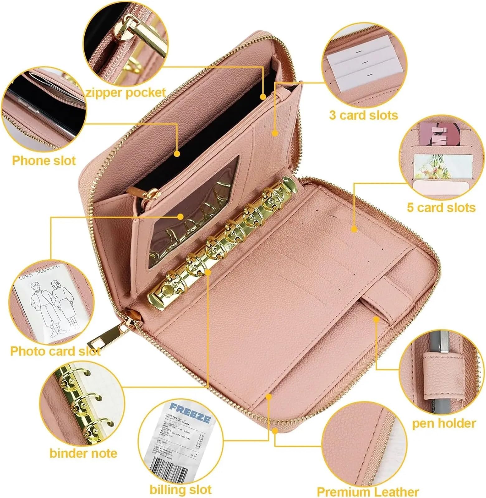 Classeur de Budget en cuir A7, enveloppes d'argent, système de portefeuille, planificateur, organisateur, couverture en PU à 6 anneaux, carnet de notes avec fermeture éclair(Skin pink)