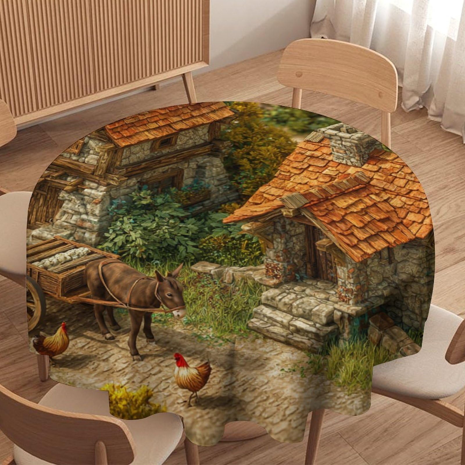 LUYYSKY Modern Classic Donkeys Round Tablecloth Mid Century Oil Painting Stone House Animals Chickens Roosters Print Washable Decor for Table Cover for Kitchen-177.8" Wx177.8 L cm