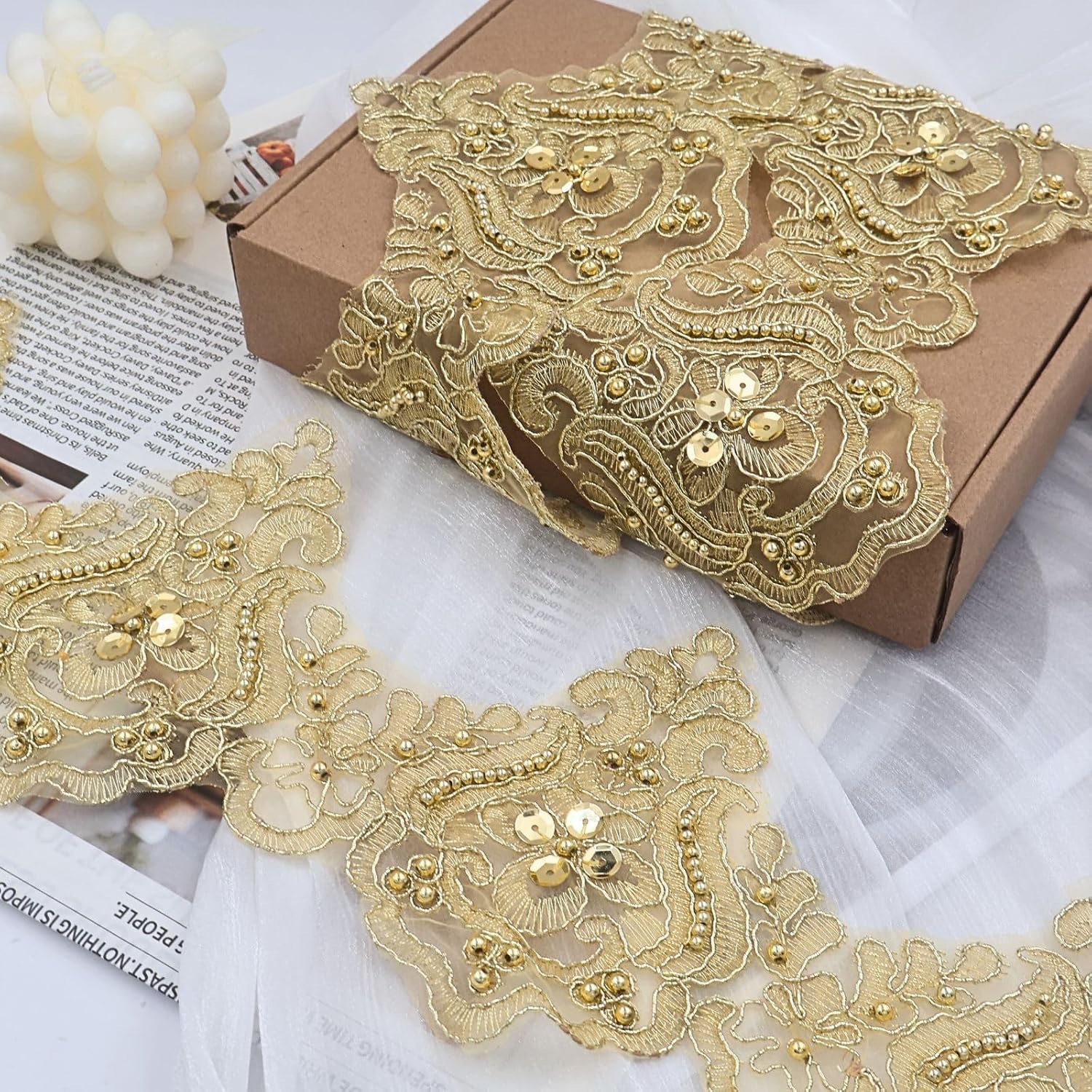 PEARLY JUN 5 Yards Gold Venice Lace Trim Embroidered Lace Gold Trim Ribbon Embroidery Sequin Metallic DIY for Wewing Dress Cake Curtain Decoration Skirt Bridal Wedding Dress