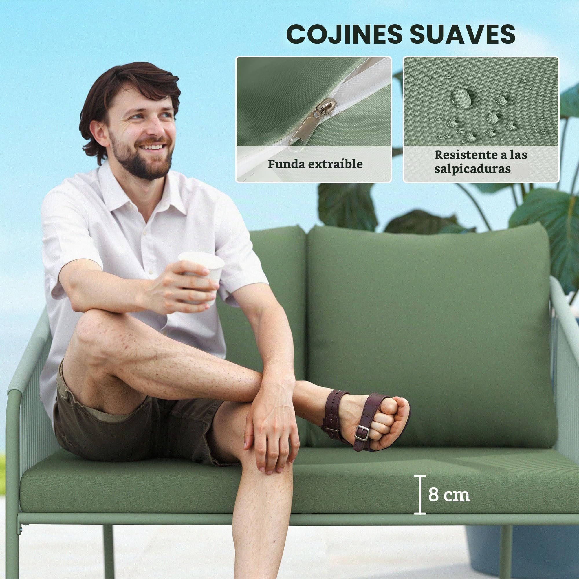 Outsunny Sofá de jardín de 2 plazas de resina trenzada con cojines, sofá exterior con reposabrazos, marco de acero para balcón, verde