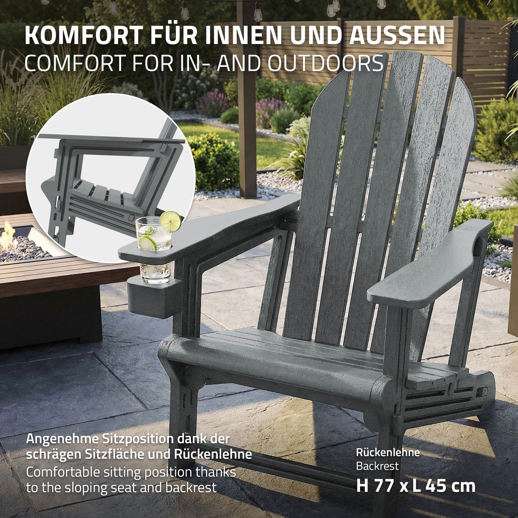 ML-Design Silla Adironack con Portavasos, Gris, Sillón de Jardín de Plástico con Aspecto de Madera, Mecedora Resistente a la Intemperie, Asiento con Respaldo, Tumbona de Exterior Mueble para Patio