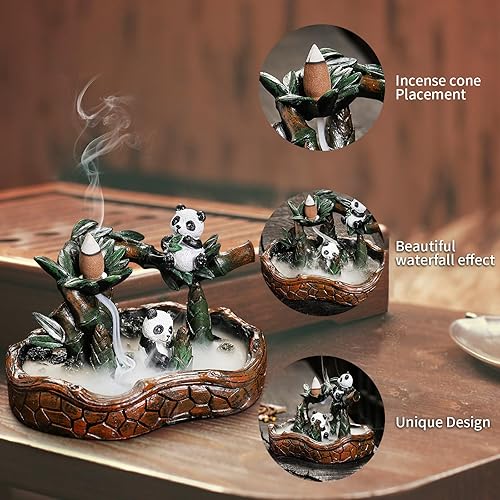 Miniatura 2 de YYW Panda - Quemador de incienso con reflujo en cascada, hecho a mano, de cerámica, con 20 conos de incienso y 30 varillas de incienso, decoración