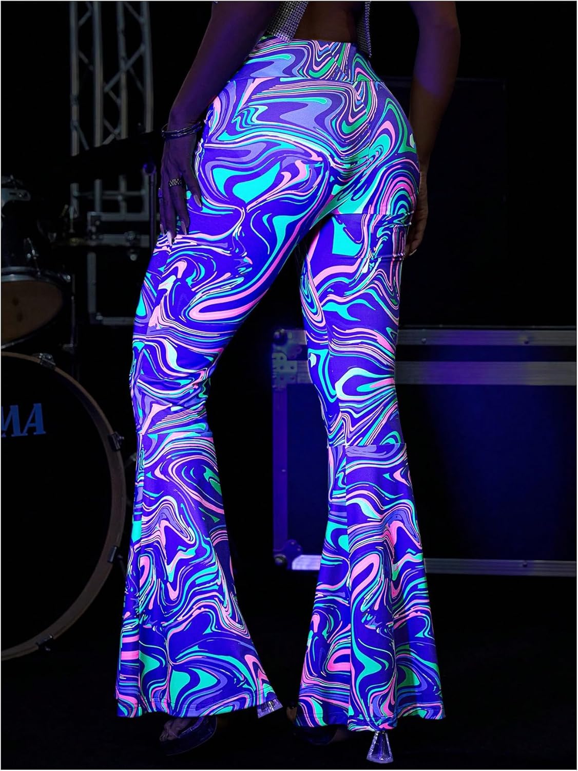 GORGLITTER Women's Neon Rave Pants Flared Leggings Bell Bottom Y2k 70s Festival Outfit Cute Hippie Disco Trousers - Image 3