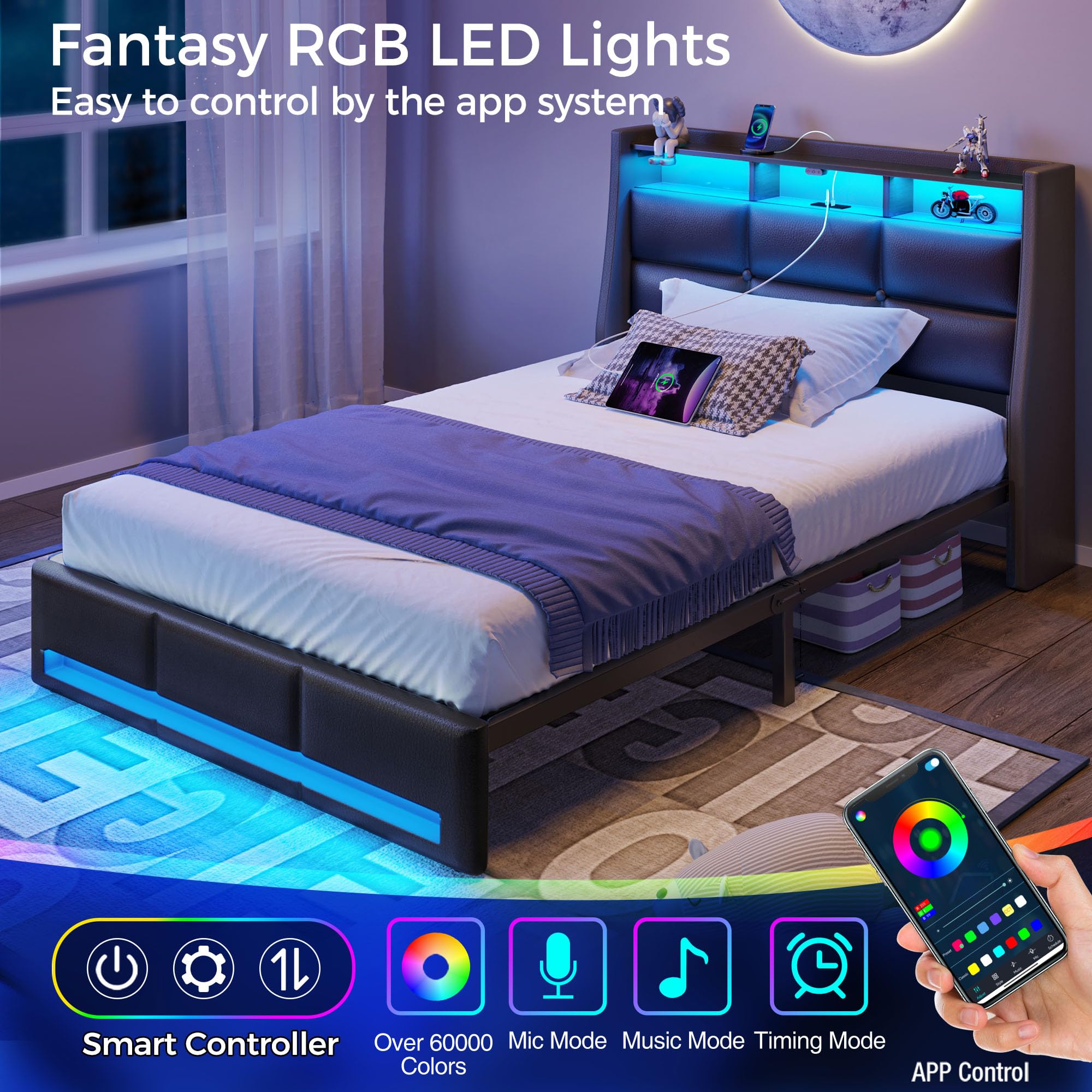 Rolanstar Twin Size Bed Frame with LED Lights and Charging Station, PU Leather Bed Storage Headboard & Drawers, Heavy Duty Wood Slats, Easy Assembly, Black