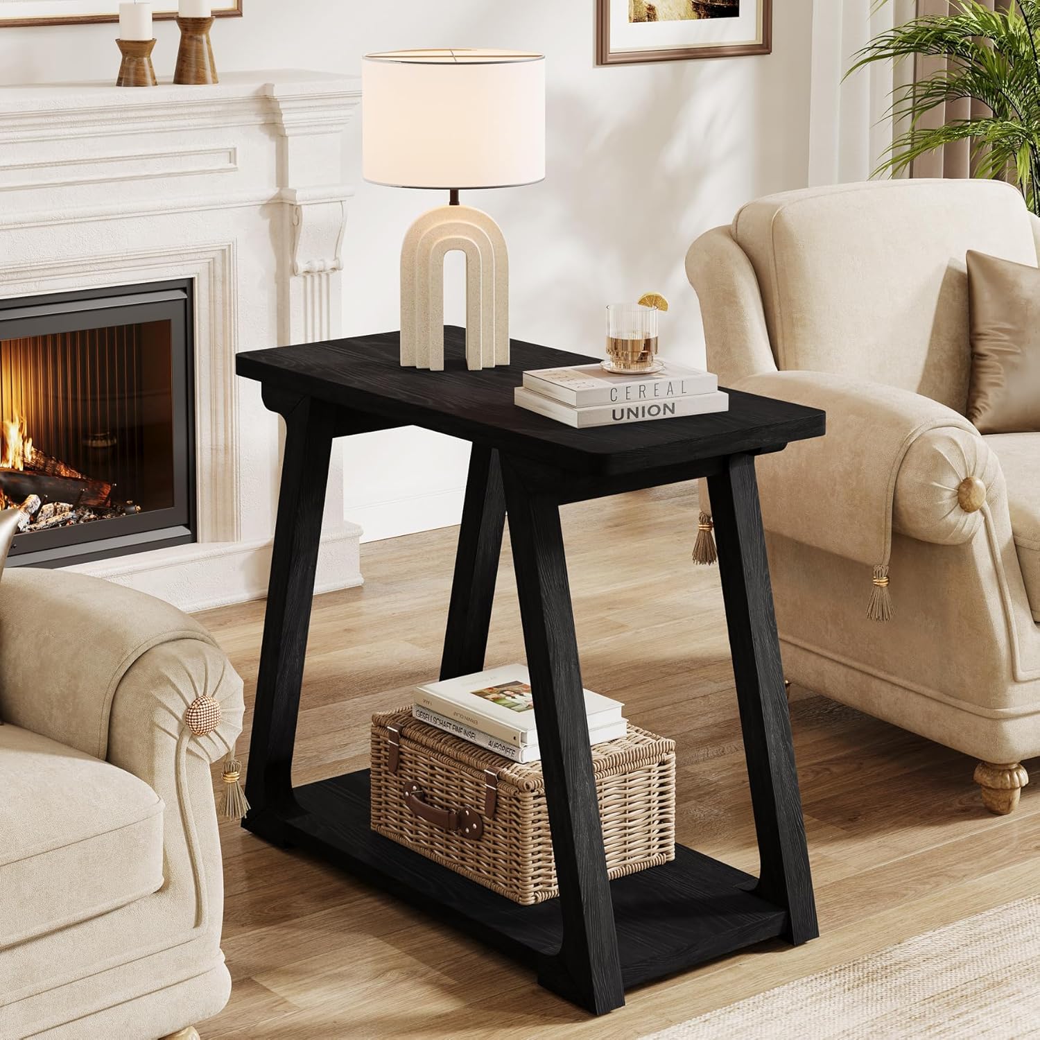 2-Tier Solid Wood End Table, Narrow Side Table, RectangleFarmhouse Nightstand for Living Room, Bedroom, Easy Assembly, Trapezoidal Base (1, Black)