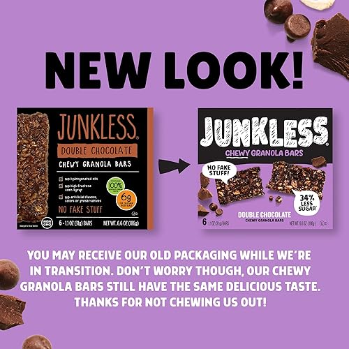 Miniatura 8 de JUNKLESS Barras de granola masticables, chispas de chocolate, 24 barras (6 barras por caja de 1.1 onzas, 4 cajas), sin OMG, bajo en azúcar, gran