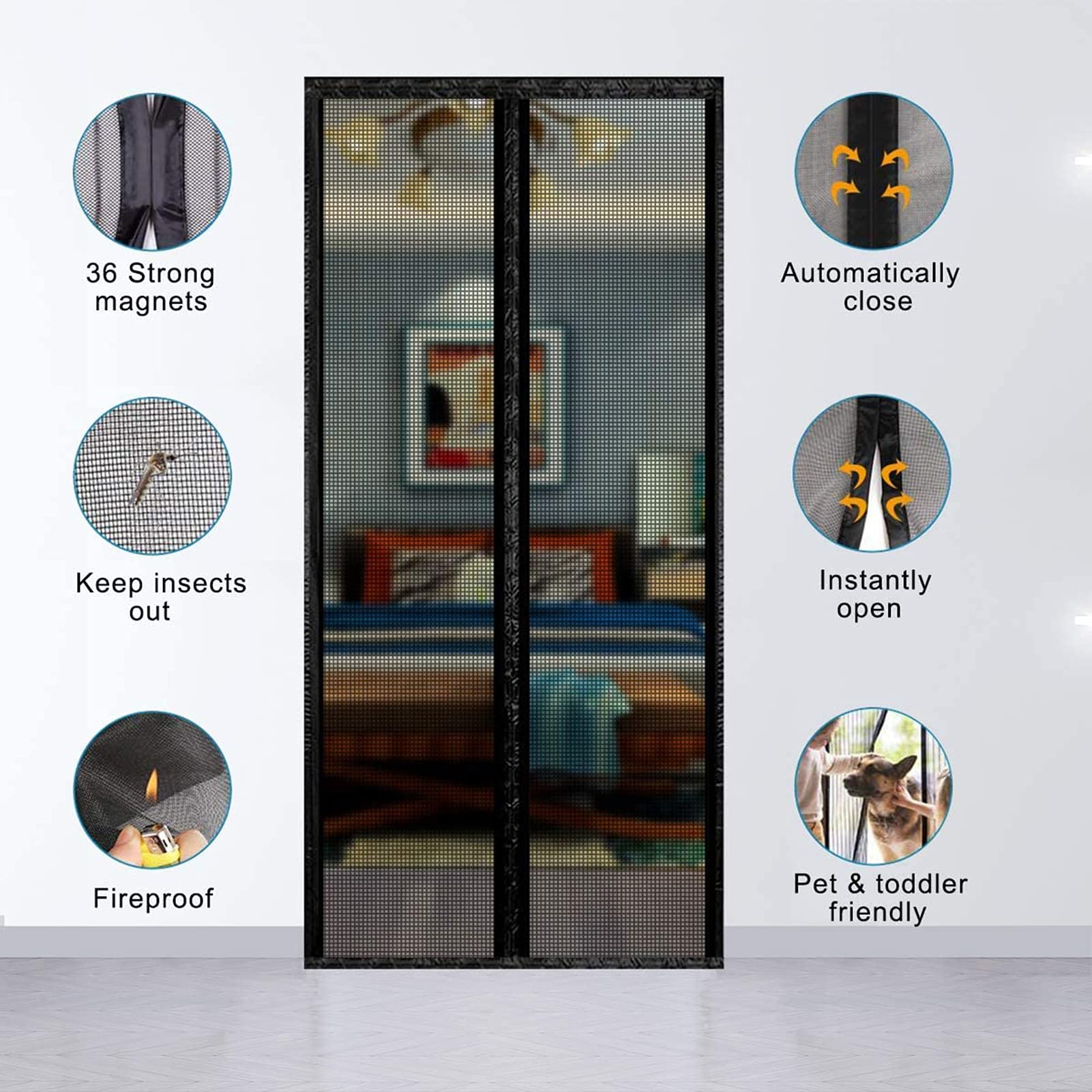 Magnetyczna moskitiera bez użycia rąk ze wzmocnionego włókna szklanego, 33 × 77 cali, wpuszczana świeżego powietrza, automatyczne zamykanie, czarna, nowa i ulepszona