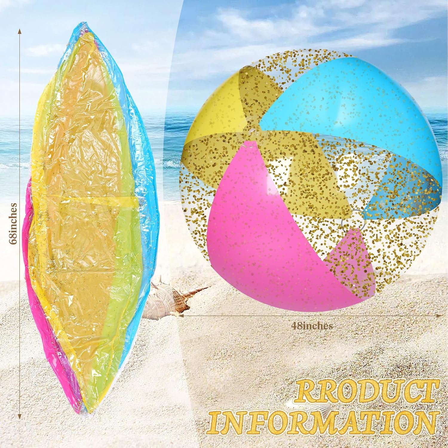 Realspring 2 Pcs 48 Inch Giant Inflatable Beach Ball, Jumbo Rainbow Glitter PVC Beach Pool Balls Large Blow up Toys for Kids Adults, Swimming Pool Party Outdoor Decoration