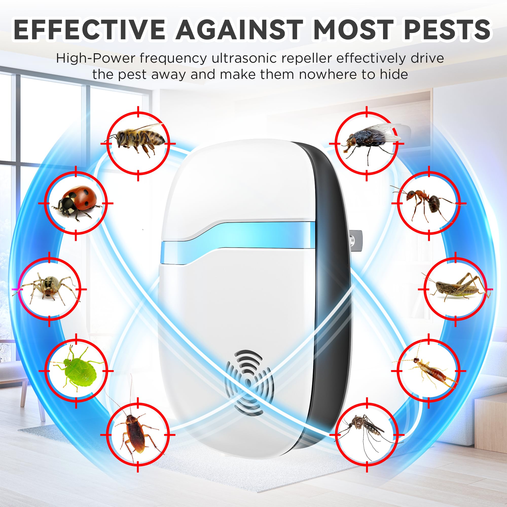 Repelente ultrasónico de insectos y plagas para interiores, fuerza motriz más fuerte, repelente para ratones, ratas, cucarachas, insectos, hormigas, arañas, dispositivo de control enchufable, uso