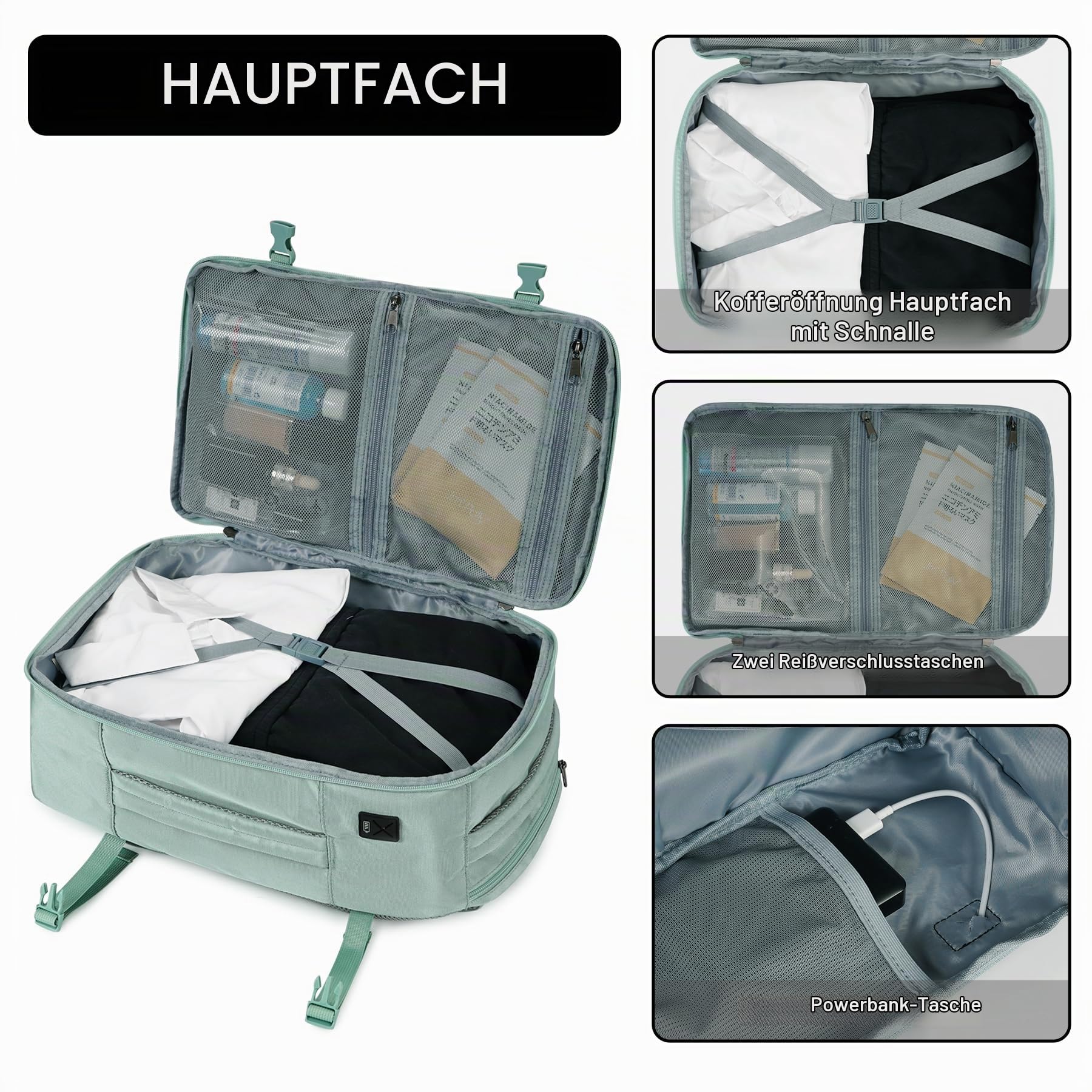 ECOHUB Rucksack 40x20x25 Ryanair Handgepäck 13 Taschen Reiserucksack Flugzeug Carry-ons Wasserdichter Rucksack Damen Klein PET-Recycelte Umweltfreundliche 20L,Patentiert(Hellgrün)