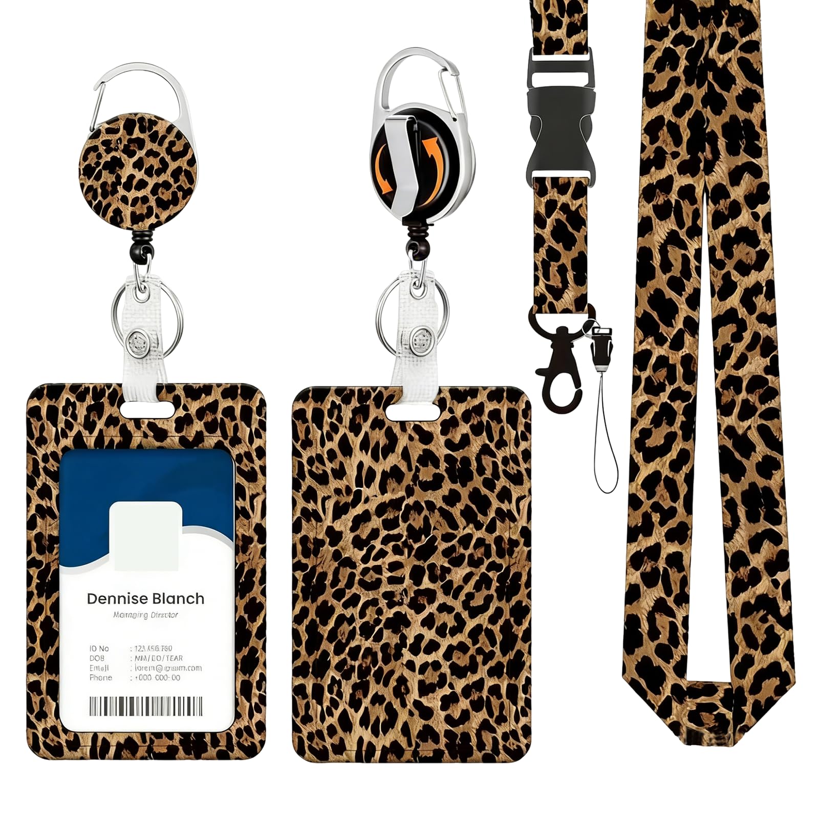 LEBKFT Sliding Badge Holders, Leopard Plastic Case with Retractable Badge Reel Carabiner Clip and Detachable Lanyard Strap Vertical ID Protector for Office Worker Teacher Student Nurse (Brown)