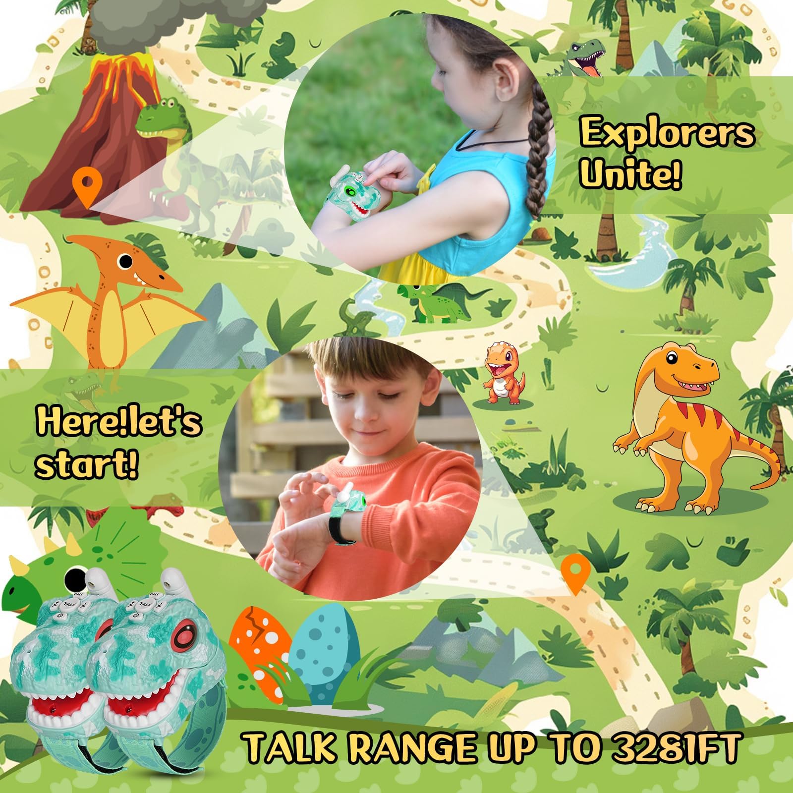 Walkie Talkies para niños, paquete de 2, juguetes para niños y niñas de 3 a 8 años de edad para aventuras al aire libre, campamento, Halloween, Navidad, regalos de cumpleaños (azul, dinosaurio 3