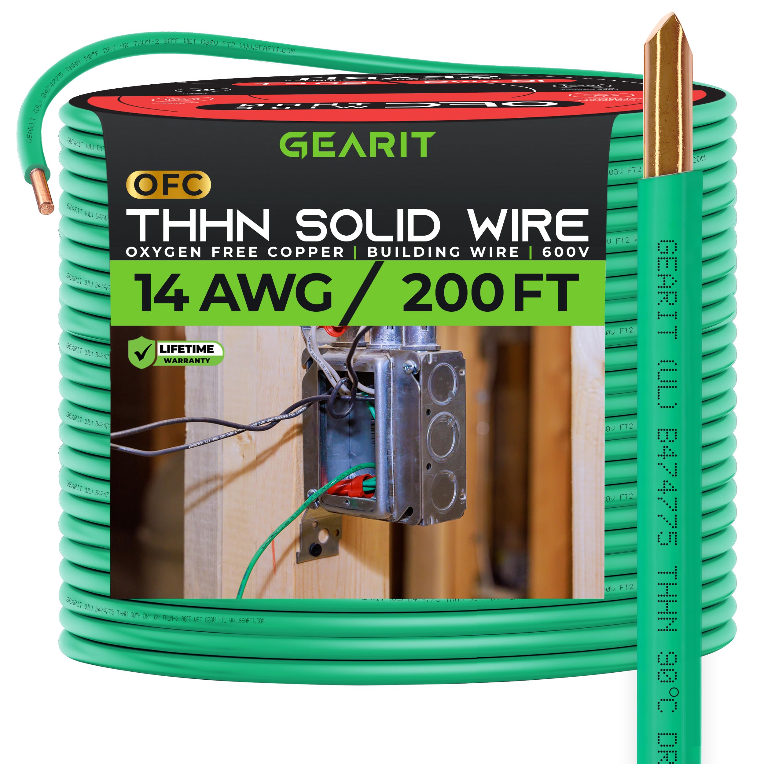 GearIT Solid THHN Wire (14 Gauge, 200 Feet) 100% OFC Electrical Building Wire, Rated for Up to 600 Volts, Single Conductor, Nylon Jacket, UL Listed/RoHs Compliant - Green, 200ft