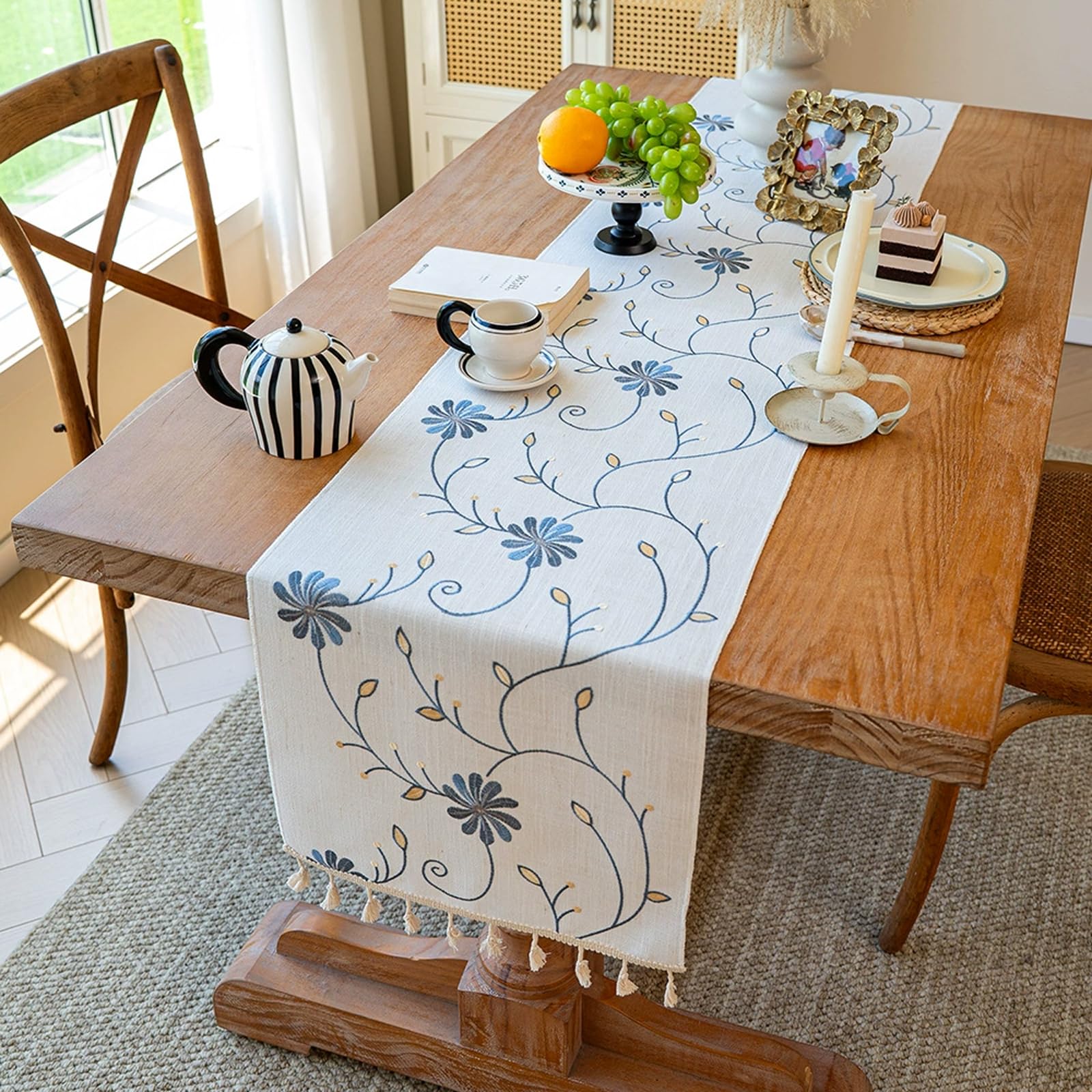 Embroidered Willow Leaf Table Runners Cotton Linen Tablerunner With Tassels Elegant Rectangle Decor For Daily Use Kitchen Dining Party Dessert Table Decor Blue Poppy (35*180cm/13.77*70.86in)