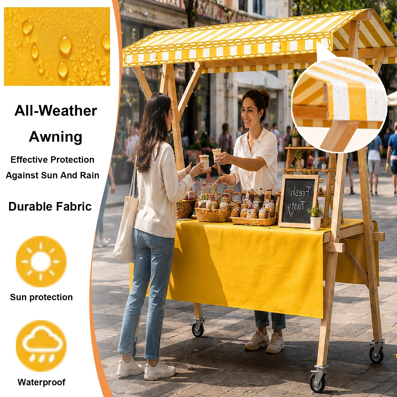 Carrito De Comida Plegable con Toldo, Carrito De Venta para Exteriores con Ruedas, Expositor Portátil, Puesto Comercial para Mercados, Ferias Y Venta Ambulante(Yellow,120cm/47.2in)
